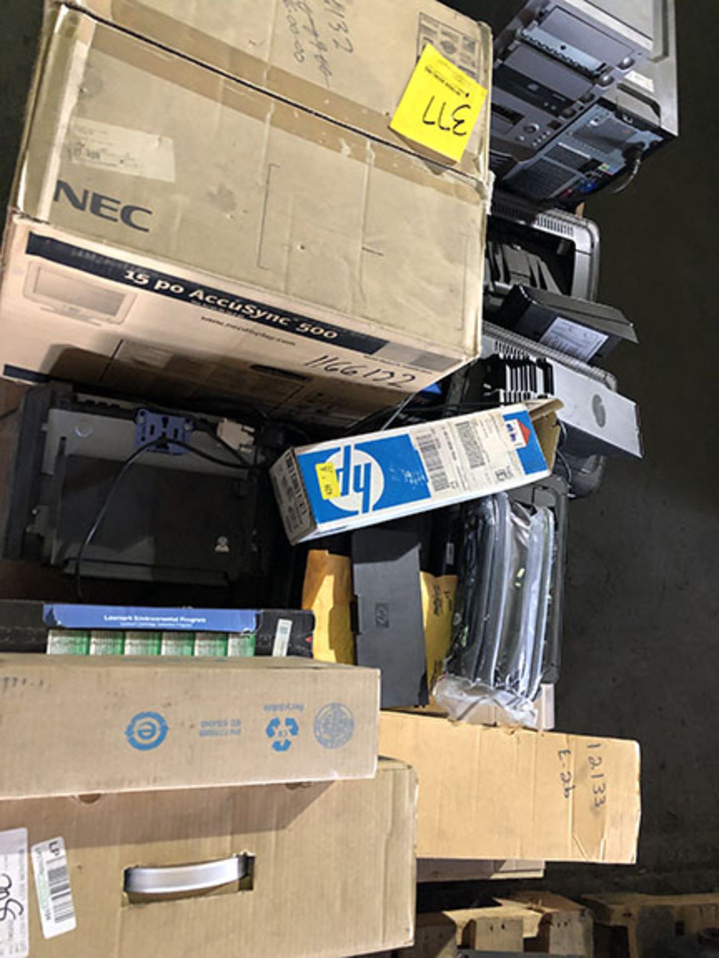 (2) PALLETS OF MONITORS, OFFICE SUPPLIES, AND COMPUTER TOWERS