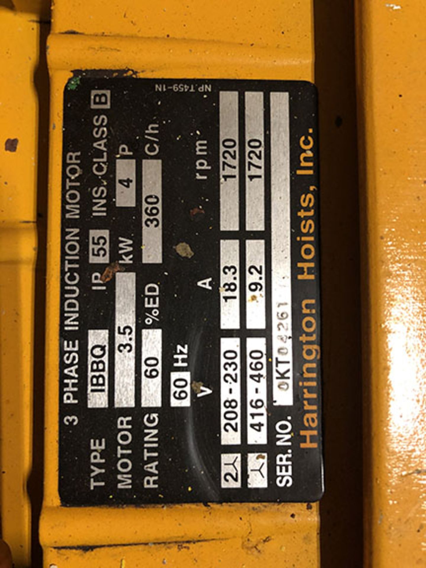 HARRINGTON 2-TON ELECTRIC CHAIN HOIST, 4 HP MOTOR, 1,720 RPM - Image 2 of 2