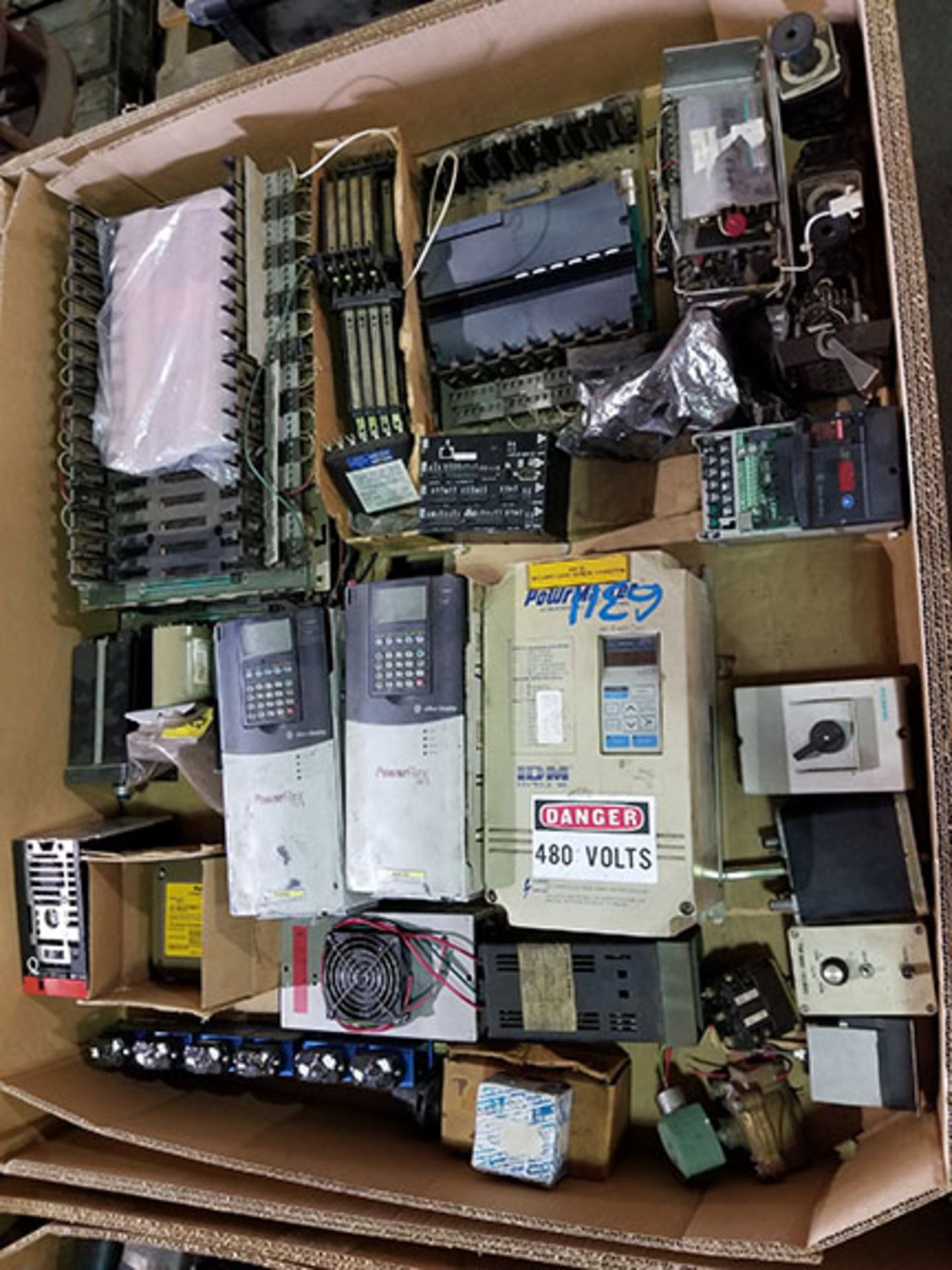 PALLET OF (2) AB POWERFLEX 700 VFD, AC MOTOR CONTROL, AND ASSORTED CONTROL ITEMS