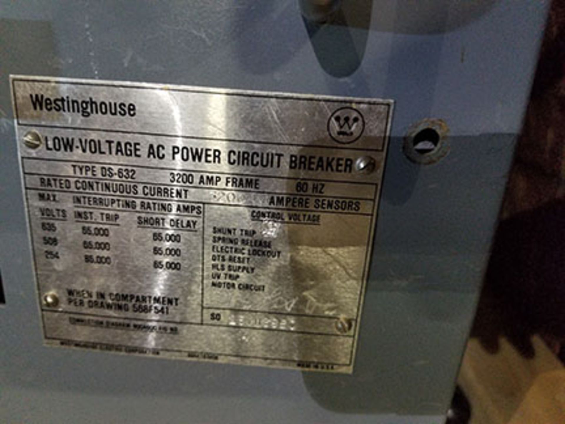 WESTINGHOUSE LOW-VOLTAGE AC POWER CIRCUIT BREAKER, TYPE DS-632, 3,200 AMP FRAME, 60HZ, CONT. - Image 4 of 5