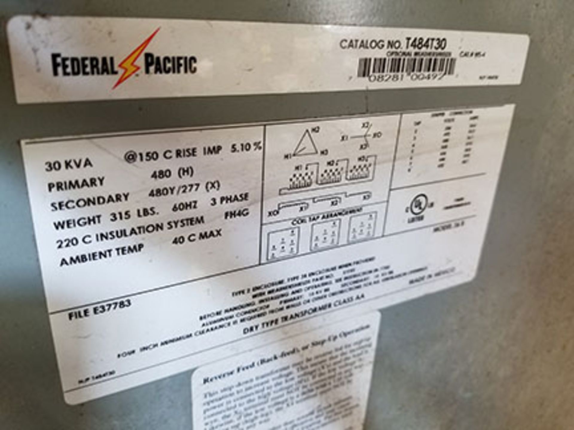 FEDERAL PACIFIC 30KVA DRY TYPE TRANSFORMER, 3 PHASE, 60HZ, MODEL 36B - Image 4 of 4