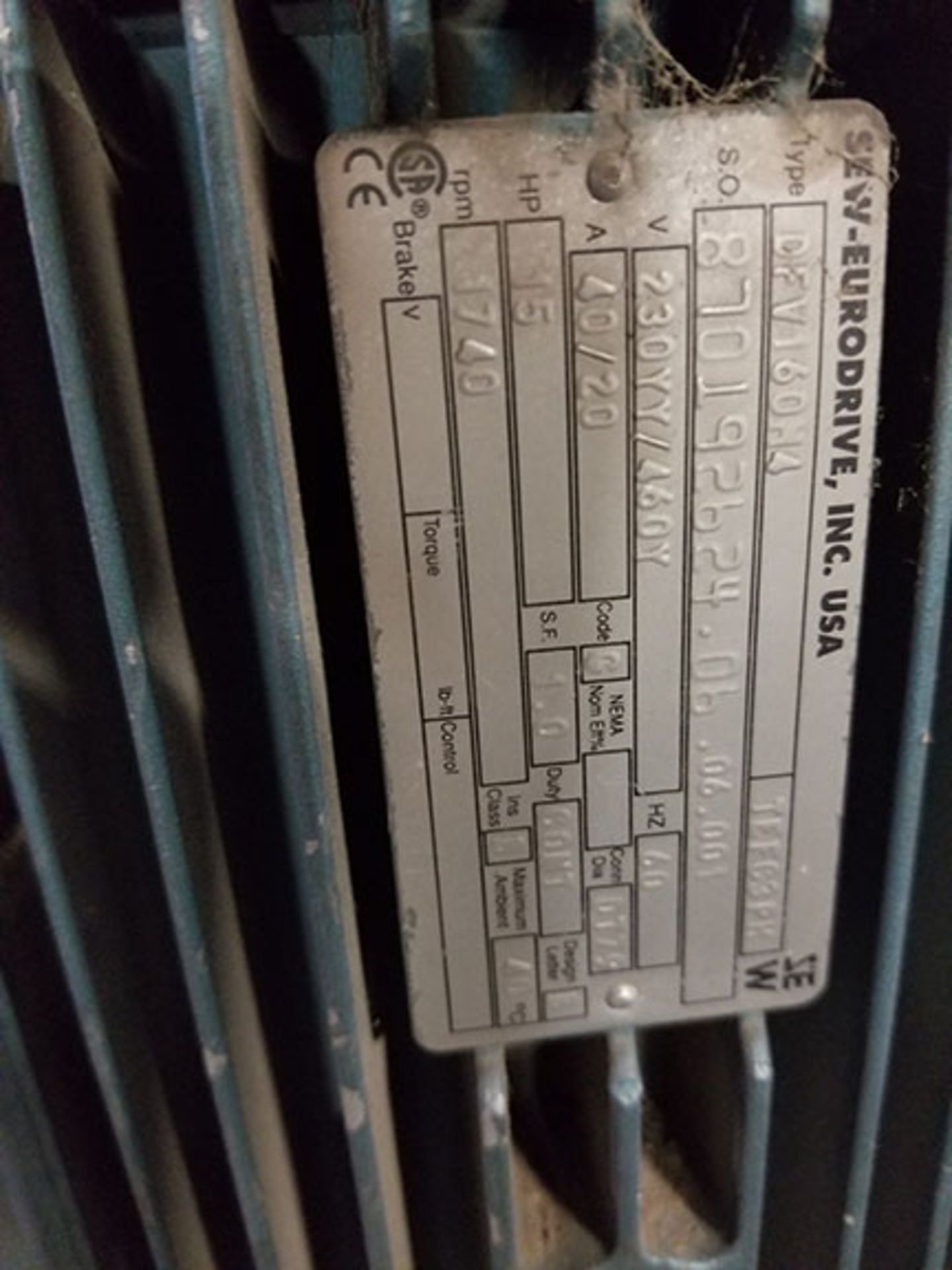 SEW-EURODRIVE GEAR MOTOR SNUGGLER MODEL, 15 HP, TEFC3PH, 1,740 RPM - Image 5 of 5