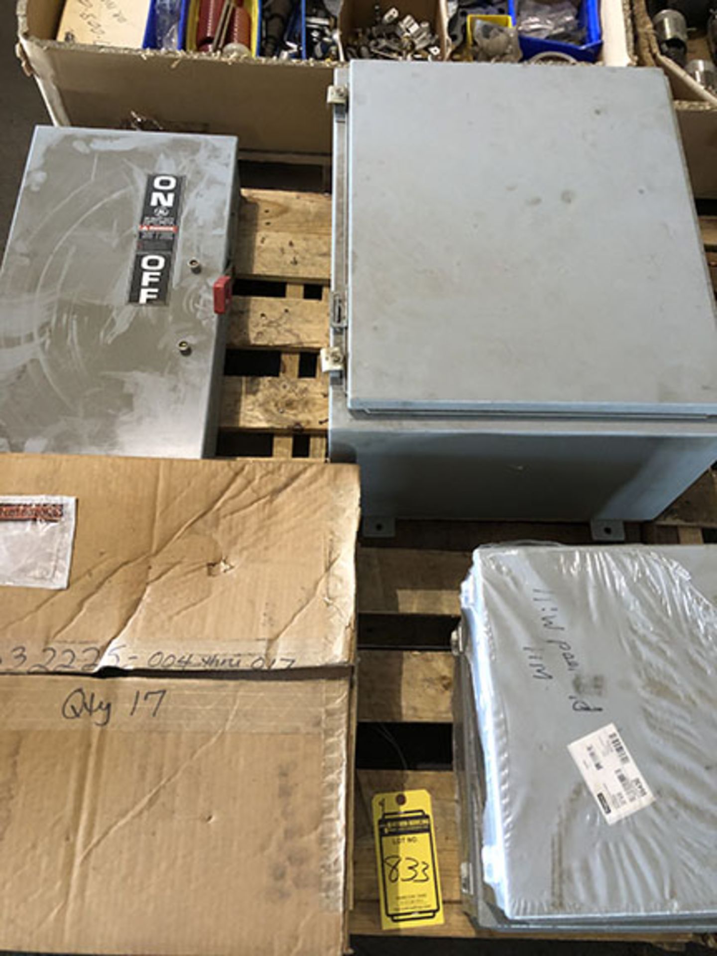 SKID OF ASSORTED JUNCTION BOXES & GE HEAVY DUTY SAFETY SWITCHES