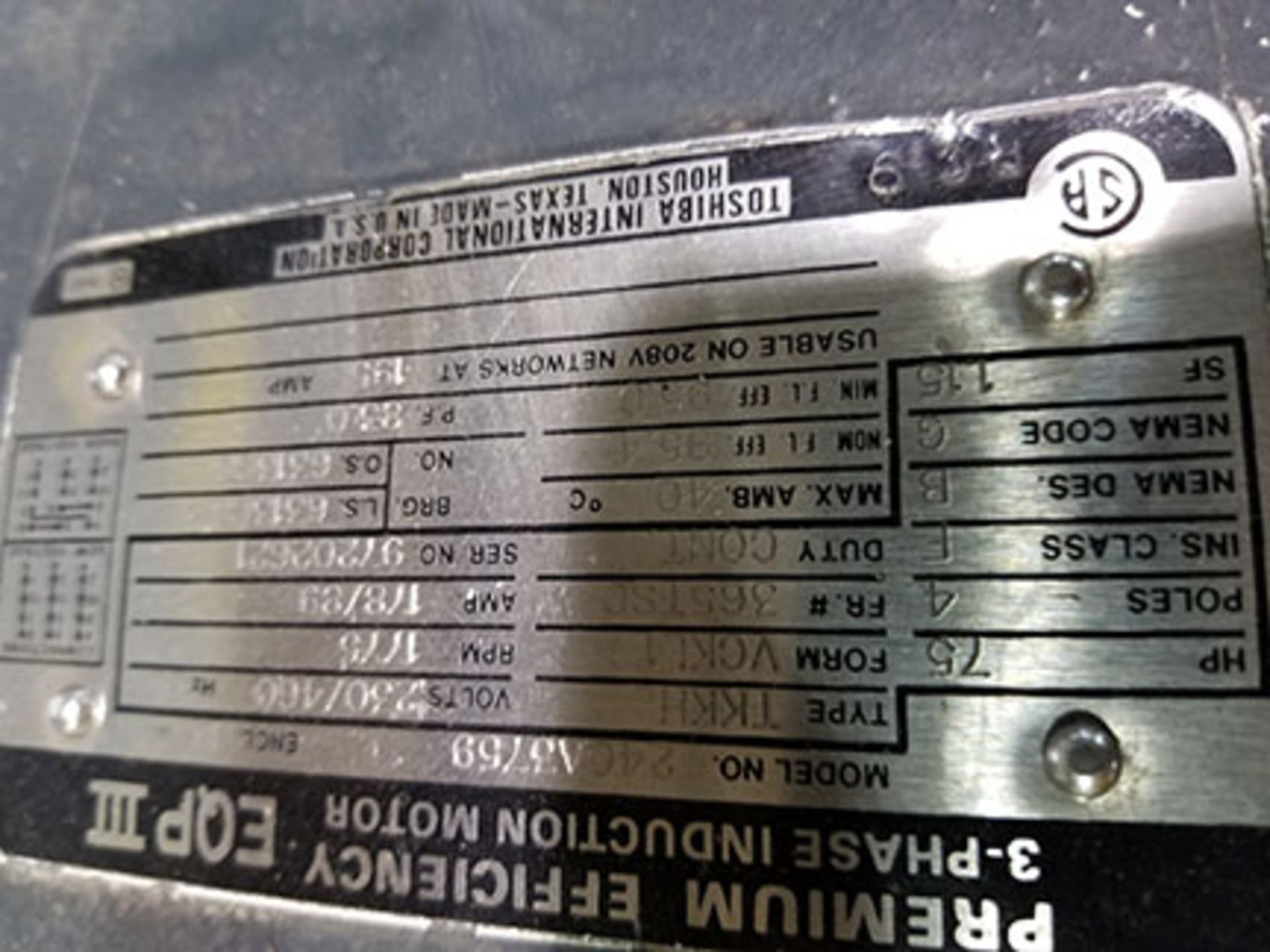 75HP TOSHIBA PREMIUM EPII ELECTRIC INDUCTION MOTOR, 365TSC, 1,775 RPM INDUCTION 3PH - Image 3 of 5
