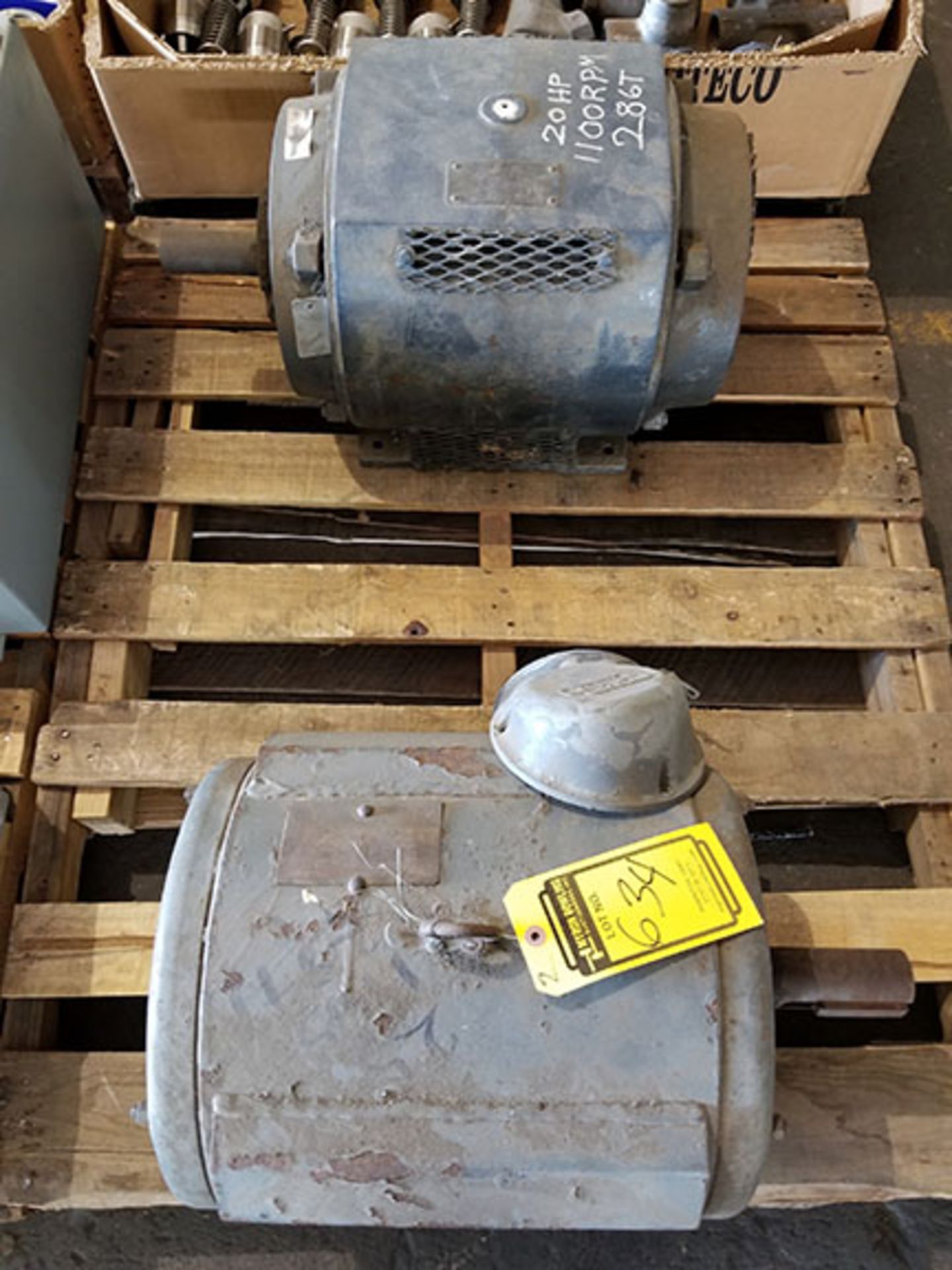 PALLET OF (2) ELECTRIC MOTORS – 20 HP, 1,100 RPM, 286T – 25 HP, 284T, 1,765 RPM