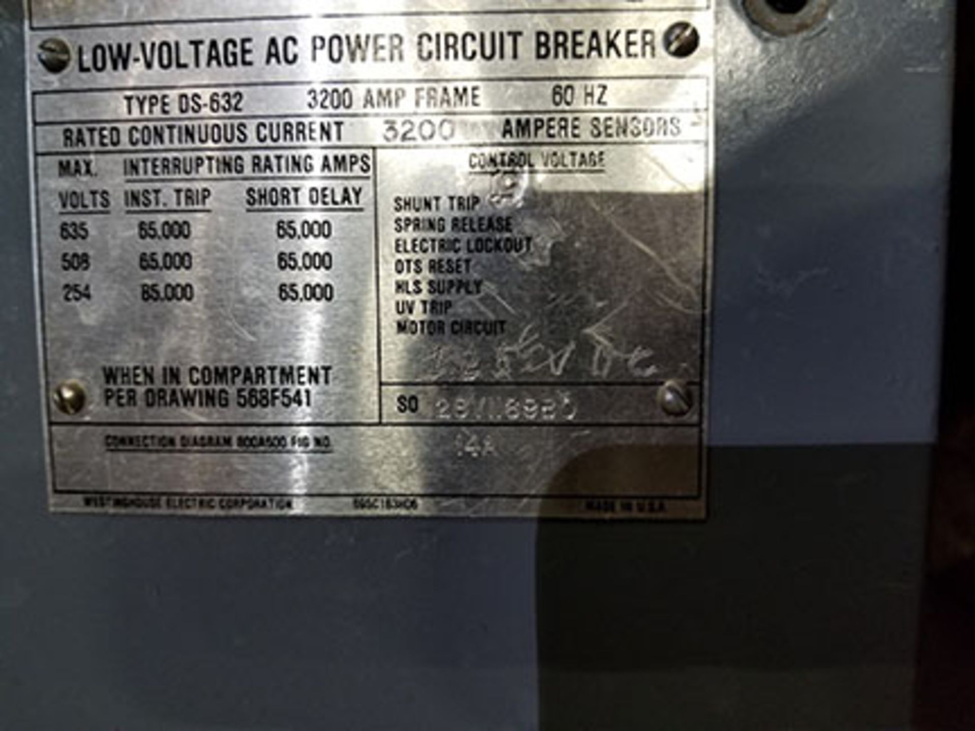 WESTINGHOUSE LOW-VOLTAGE AC POWER CIRCUIT BREAKER, TYPE DS-632, 3,200 AMP FRAME, 60HZ, CONT. - Image 5 of 5