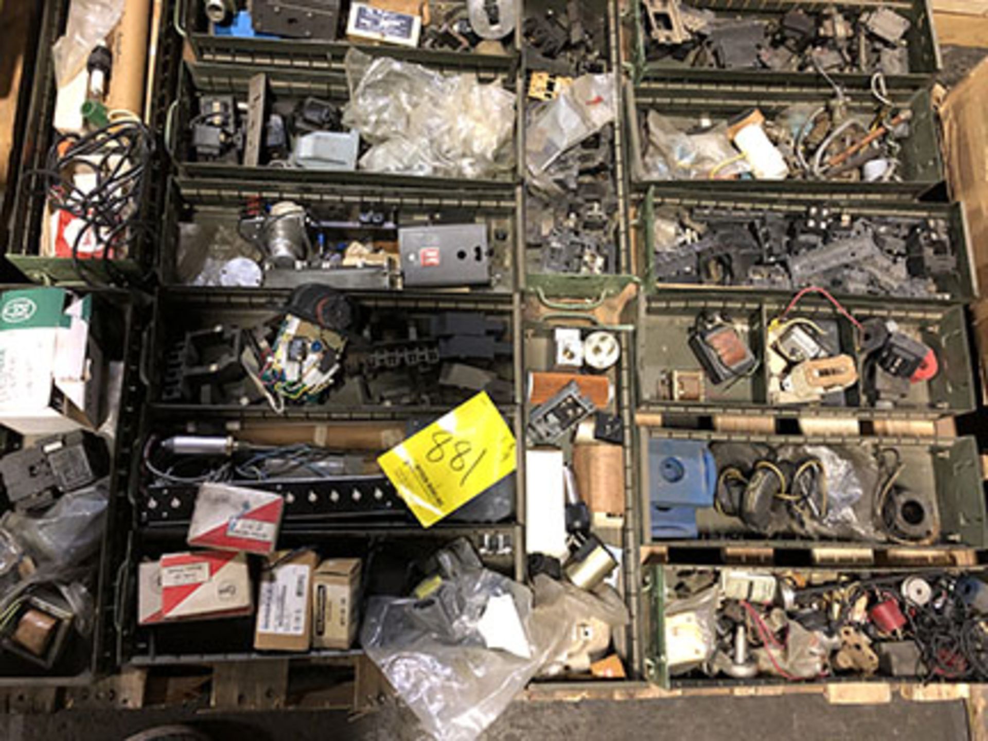 (4) SKIDS OF ASSORTED ELECTRICAL SWITCHES, BUTTONS, RELAY POLES, CIRCUIT BREAKERS, AND BOXES