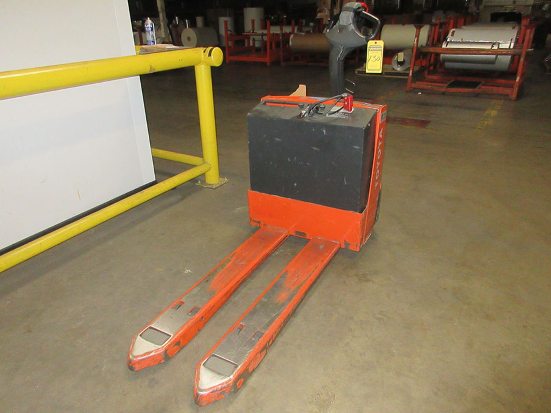 TOYOTA ELECTRIC PALLET JACK; MODEL 7HBW23, 24V, 110V PLUG, 4,500 LB. CAPACITY, S/N 47714