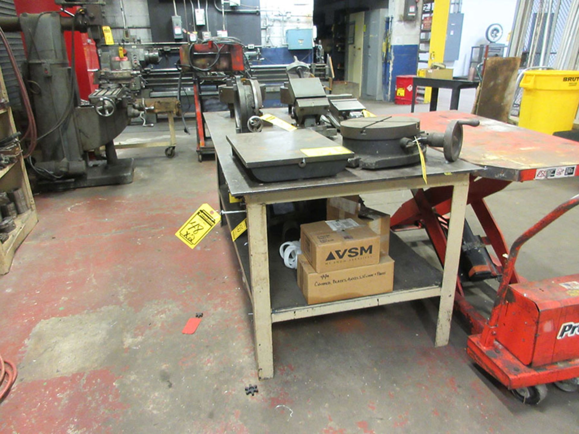 (2) HD WELDING TABLES; (1) 3' X 6', (1) 4' X 4' WITH 5' WILTON BENCH VISE