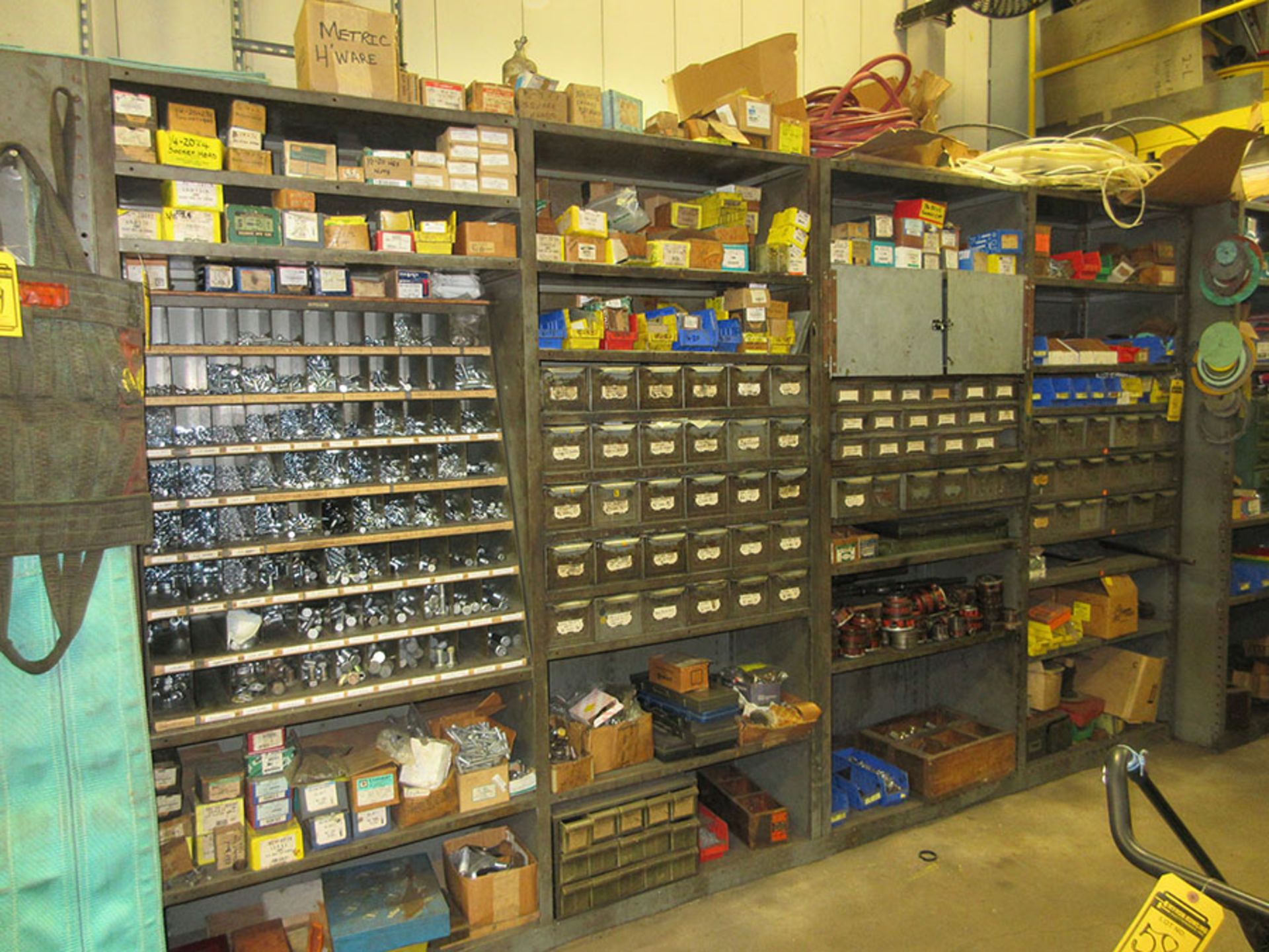 9-SECTIONS SHELF UNIT WITH CONTENT; ASSORTED HARDWARE, TAPS, DIES, FITTINGS, BOLTS, SCREWS, SHIM