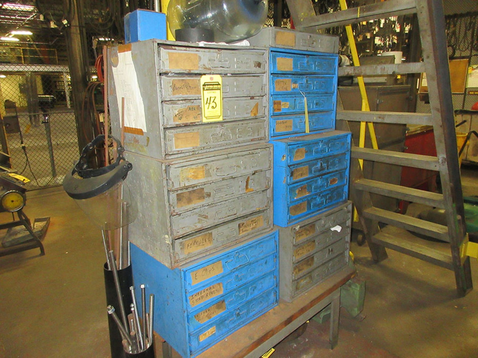 PARTS BINS WITH CONTENT; SNAP RINGS, FITTINGS, AND COTTER PINS