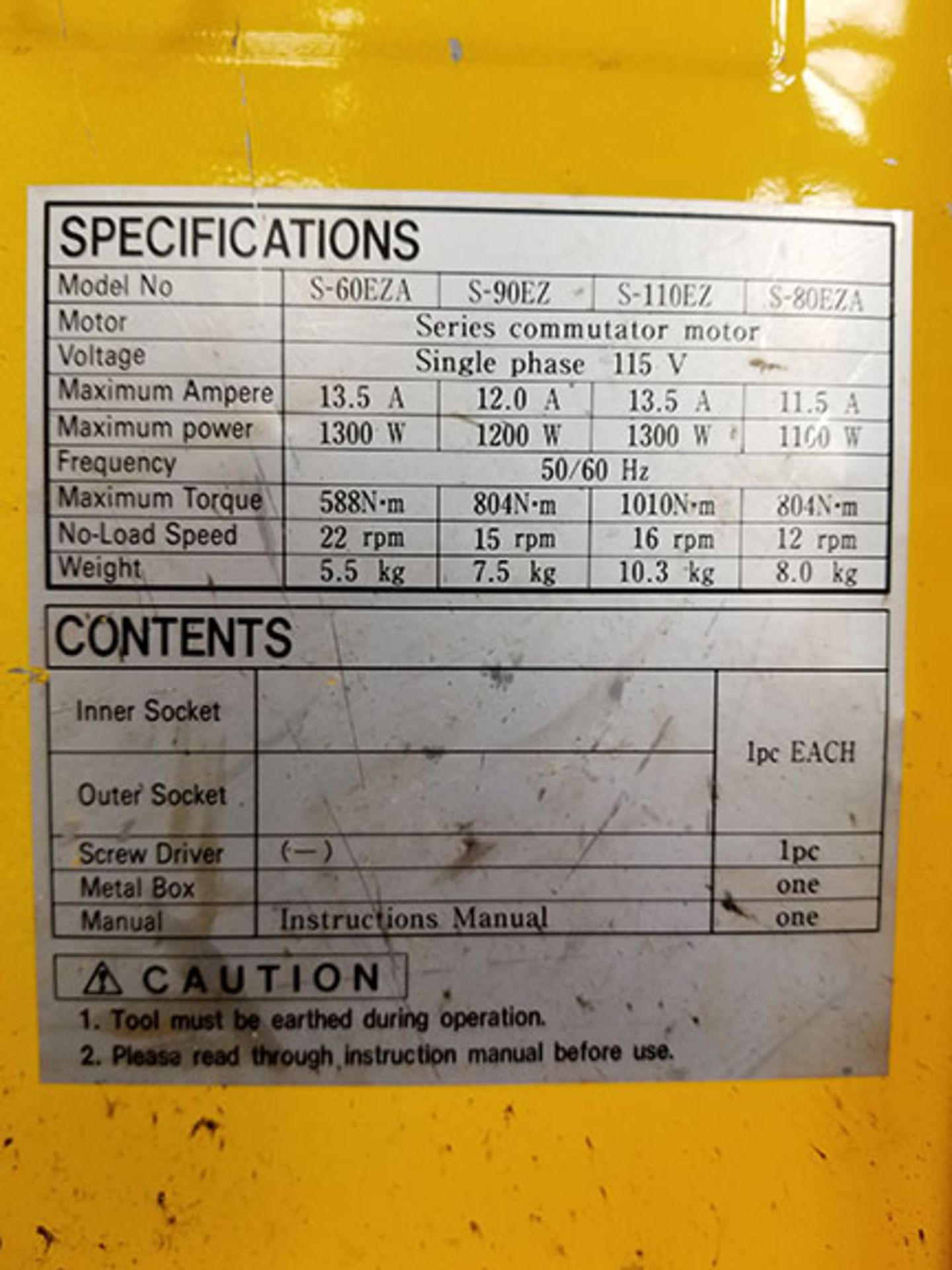 TONE SHEAR WRENCH, MODEL S-60EZA, SERIES COMMUTATOR MOTOR, 22RPM, MAX TORQUE 588N.M, SINGLE PHASE, - Image 4 of 4