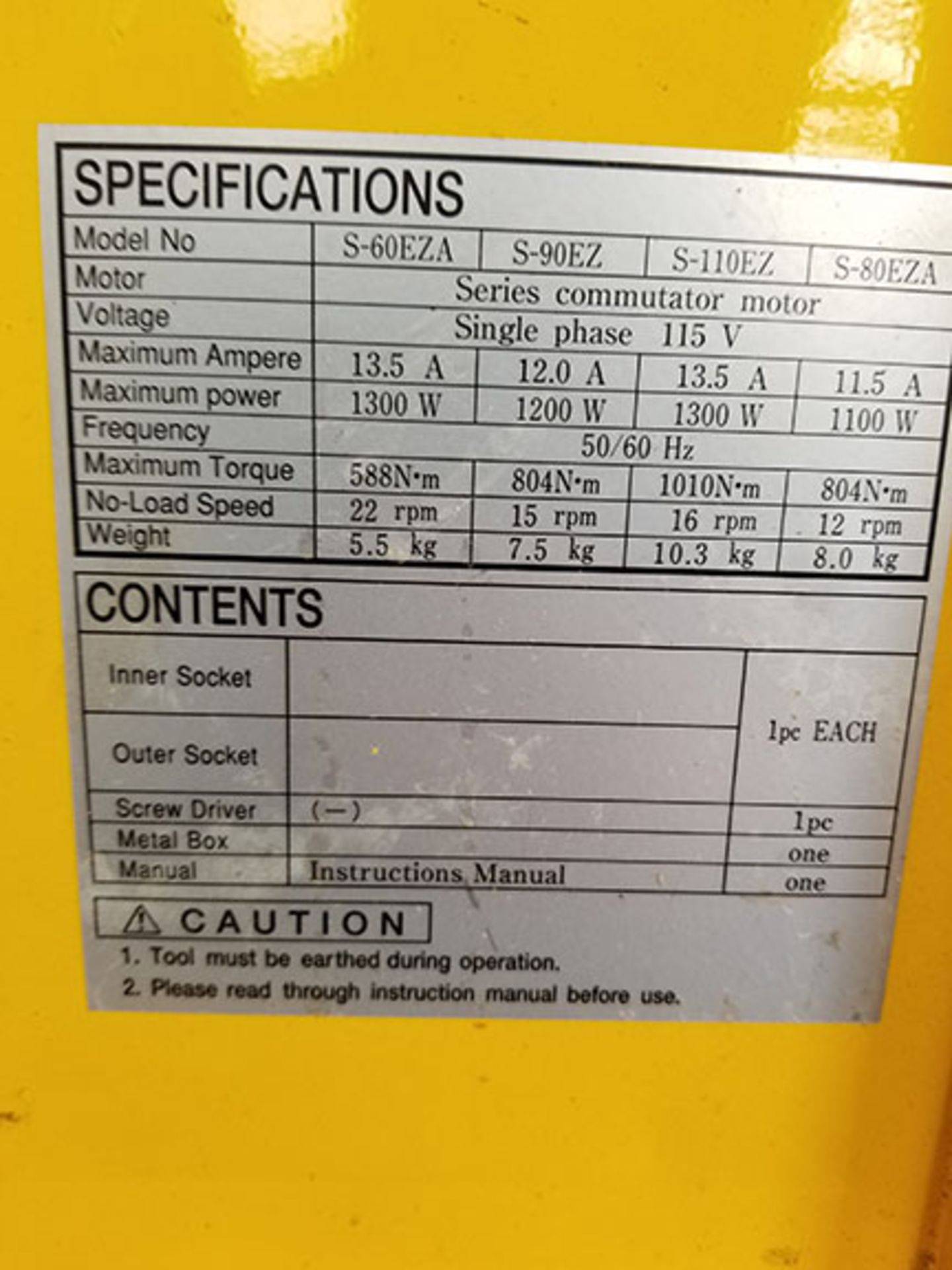 TONE SHEAR WRENCH, MODEL S-60EZA, SERIES COMMUTATOR MOTOR, 22RPM, MAX TORQUE 588N.M, SINGLE PHASE, - Image 5 of 5