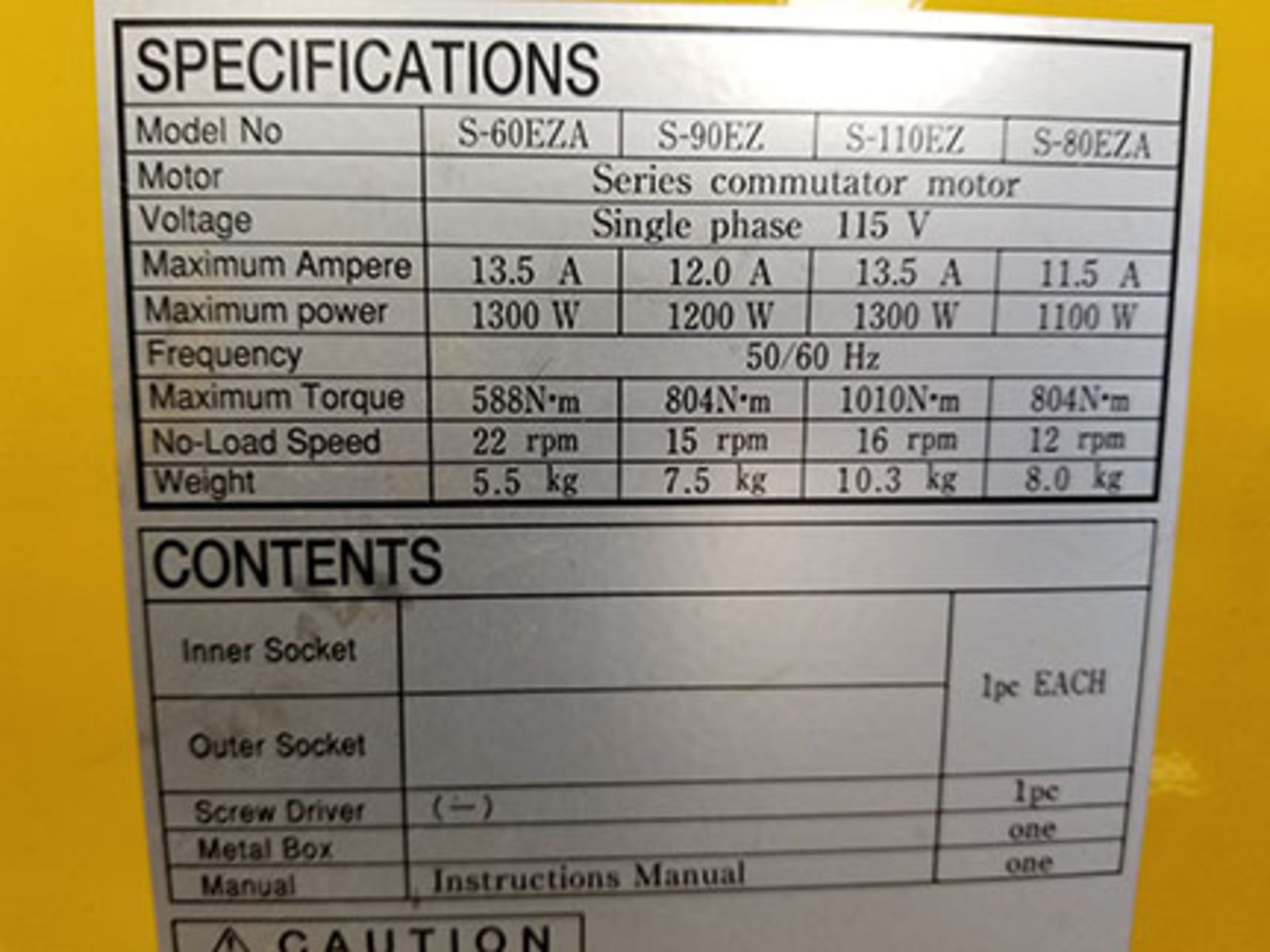 TONE SHEAR WRENCH, MODEL S-90EZA, 12 AMP, SINGLE PHASE 115V, 15 RPM, 894N.M, SINGLE PHASE, SERIES - Image 5 of 5