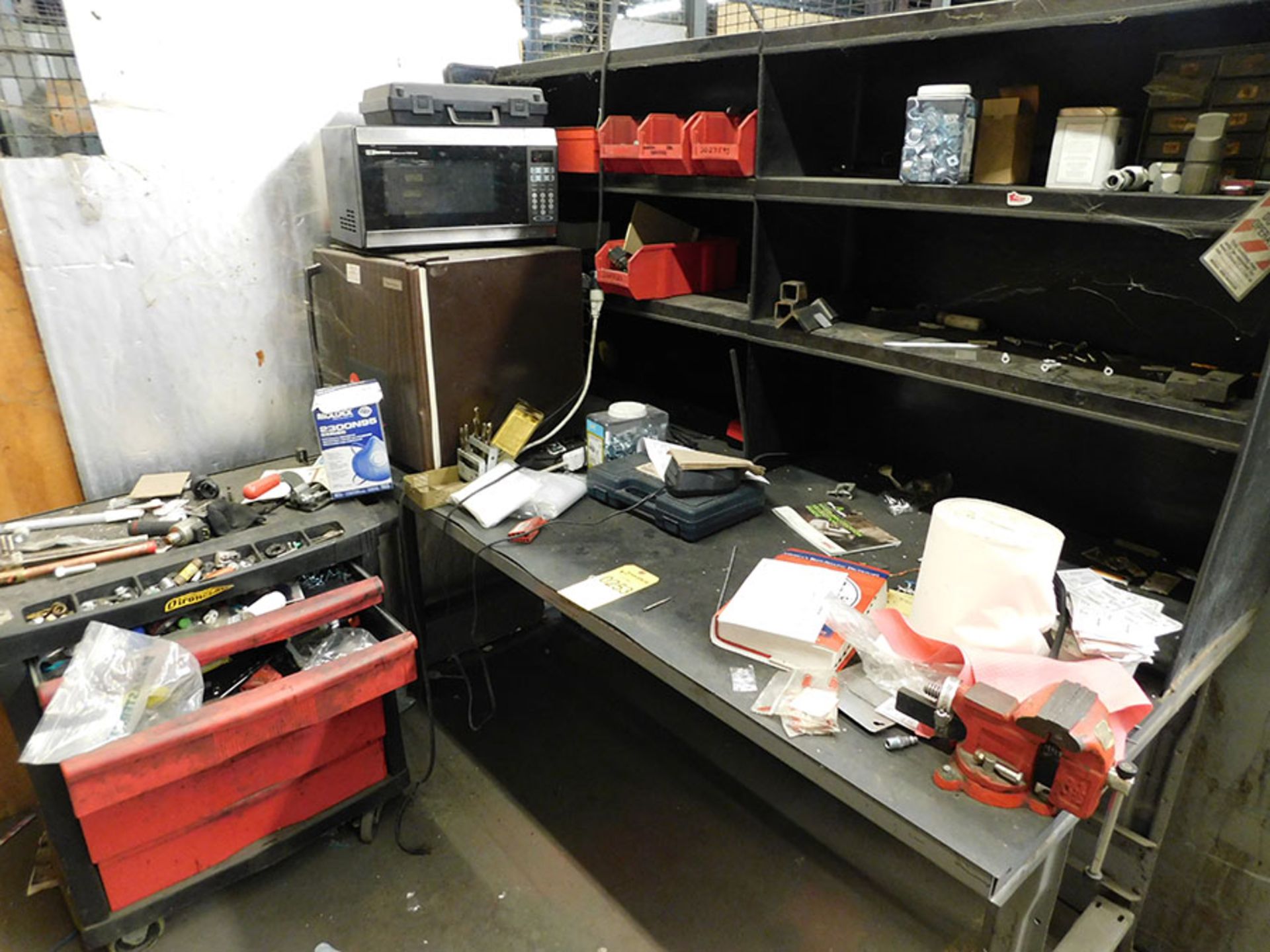 WORKBENCH, MICROWAVE, MINI REFRIGERATOR, AND TOOL BOX