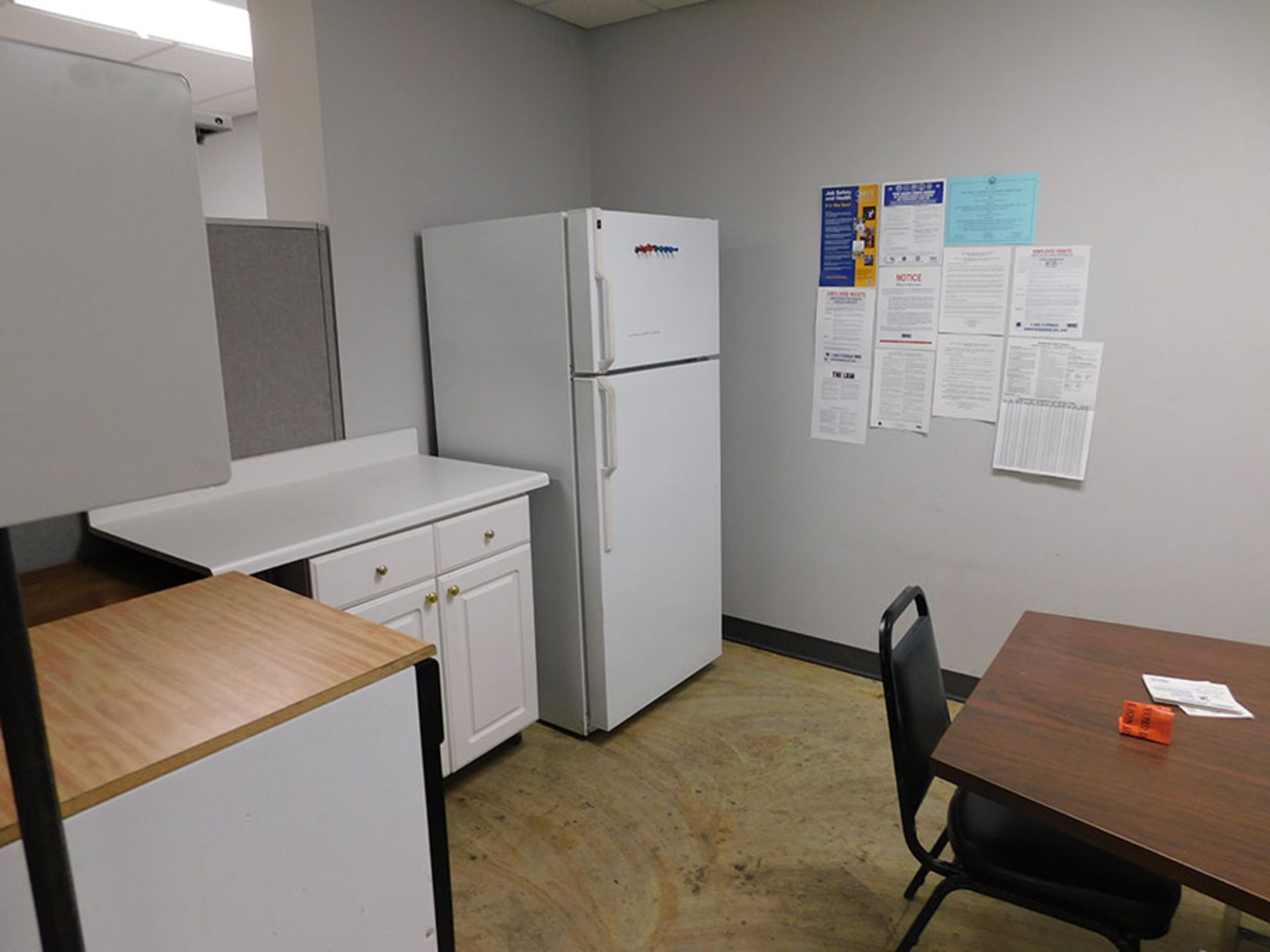 CONTENTS OF BREAK AREA; (4) TABLES, PORTABLE DISH WASHER, AND REFRIGERATOR