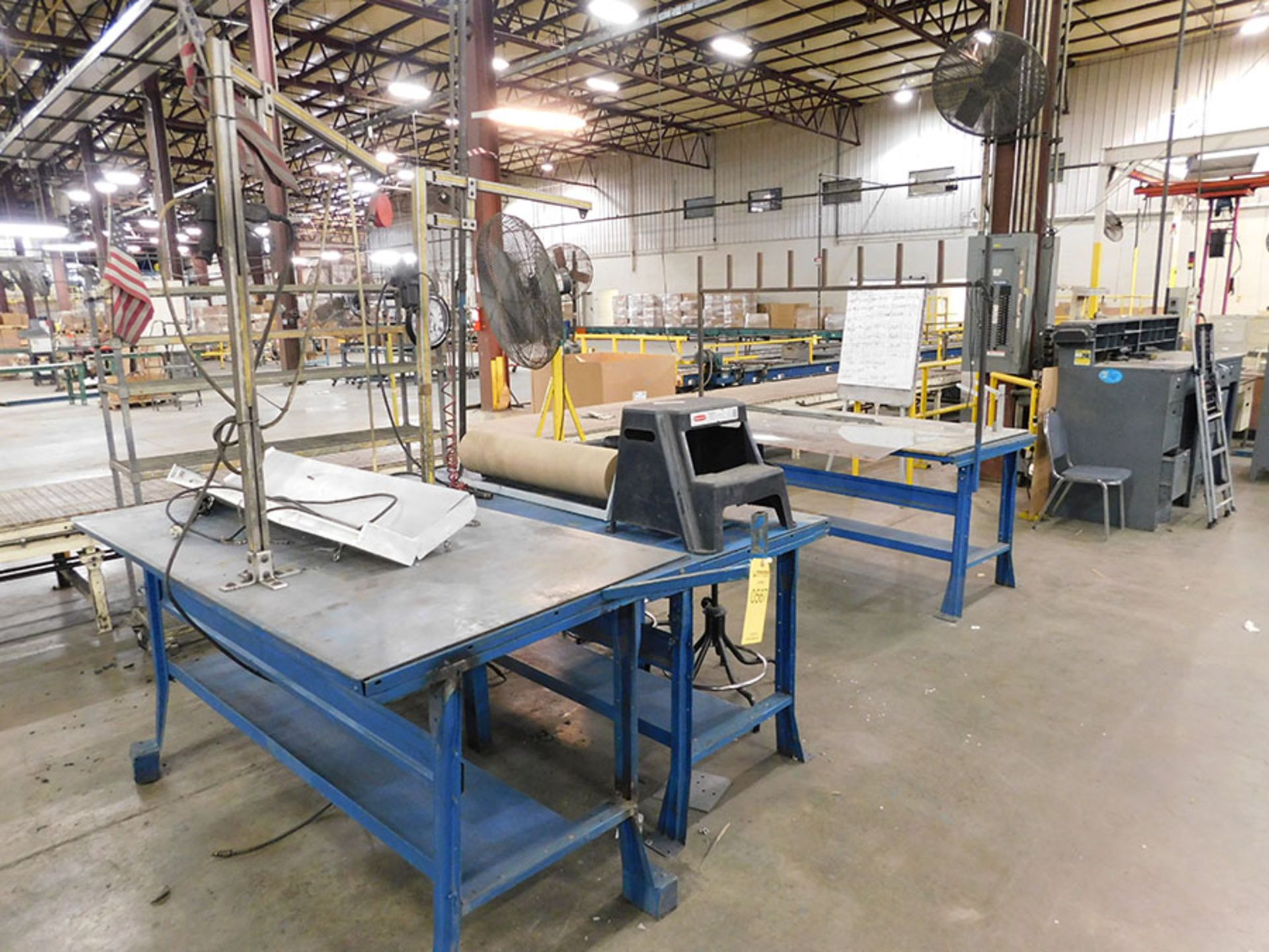 (3) WORK BENCHES, (3) CHAIRS, SHELF, AND FAN