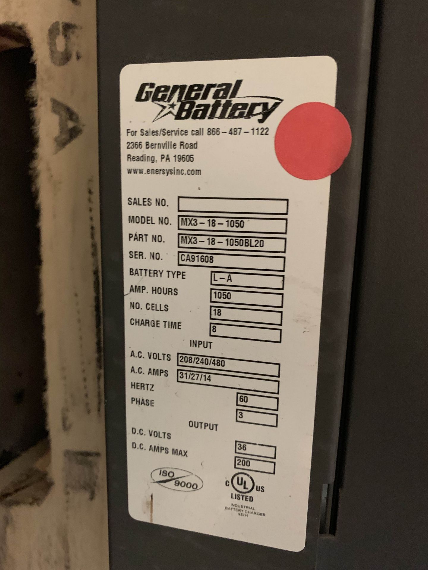 GENERAL BATTERY 36-VOLT BATTERY CHARGER, MODEL: MX3-18-1050, MISSING ELECTRICAL LEADS - Image 2 of 2