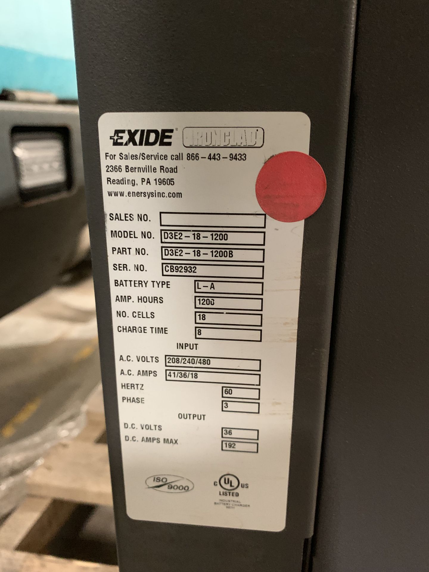 EXIDE DEPTH CHARGER 36-VOLT BATTERY CHARGER, MODEL: D3E2-18-1200, WITH LEEDS, MISSING ELECTRICAL - Image 2 of 2