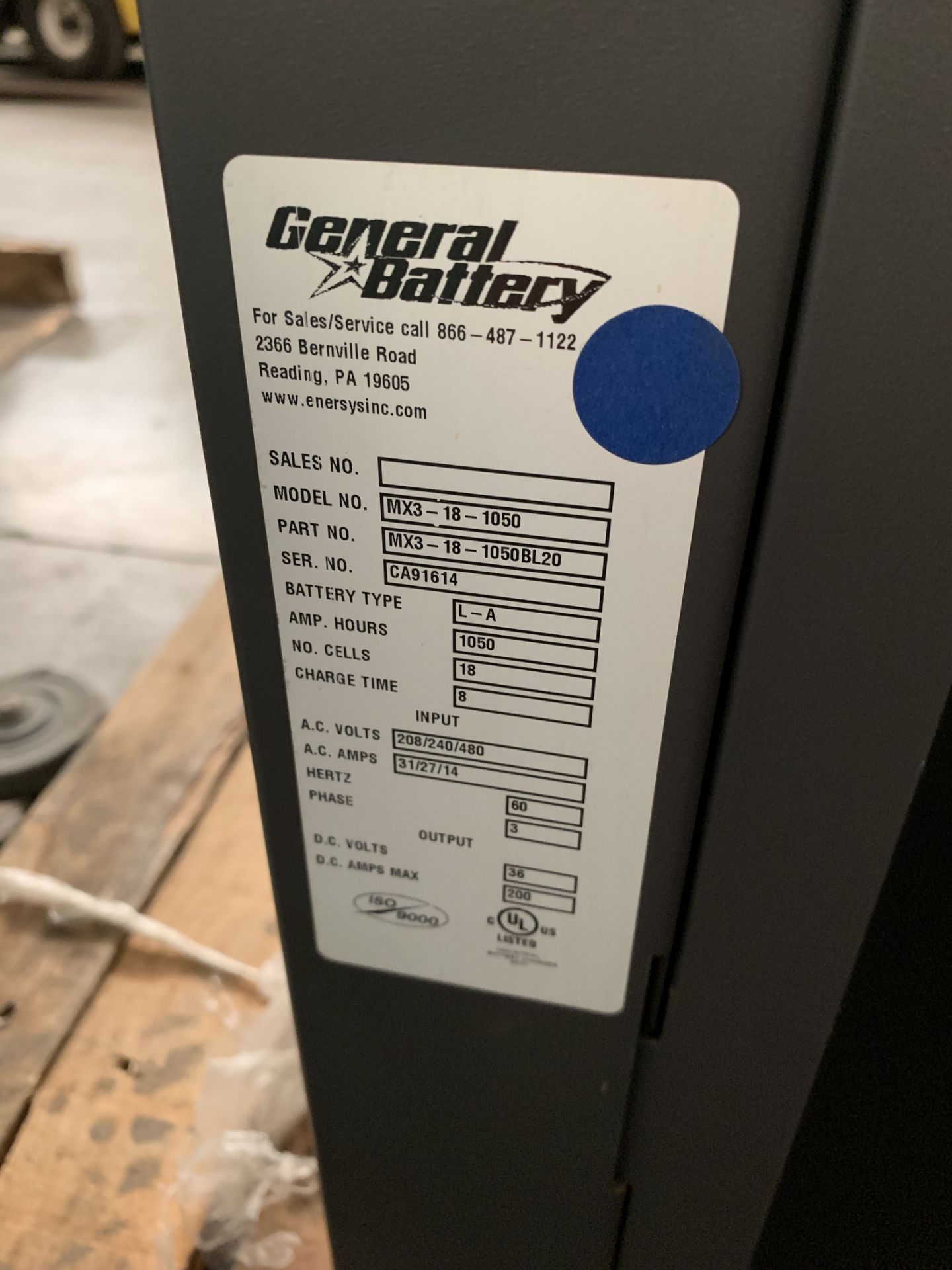 GENERAL BATTERY 36-VOLT BATTERY CHARGER, MODEL: MX3-18-1050, MISSING ELECTRICAL LEADS - Image 2 of 2