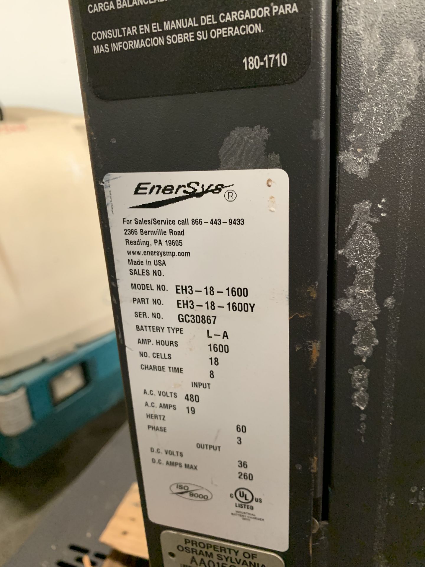 ENERSYS ENFORCER HIGH FREQUENCY 36-VOLT BATTERY CHARGER, MODEL: EH3-18-1600, MISSING ELECTRICAL - Image 2 of 2