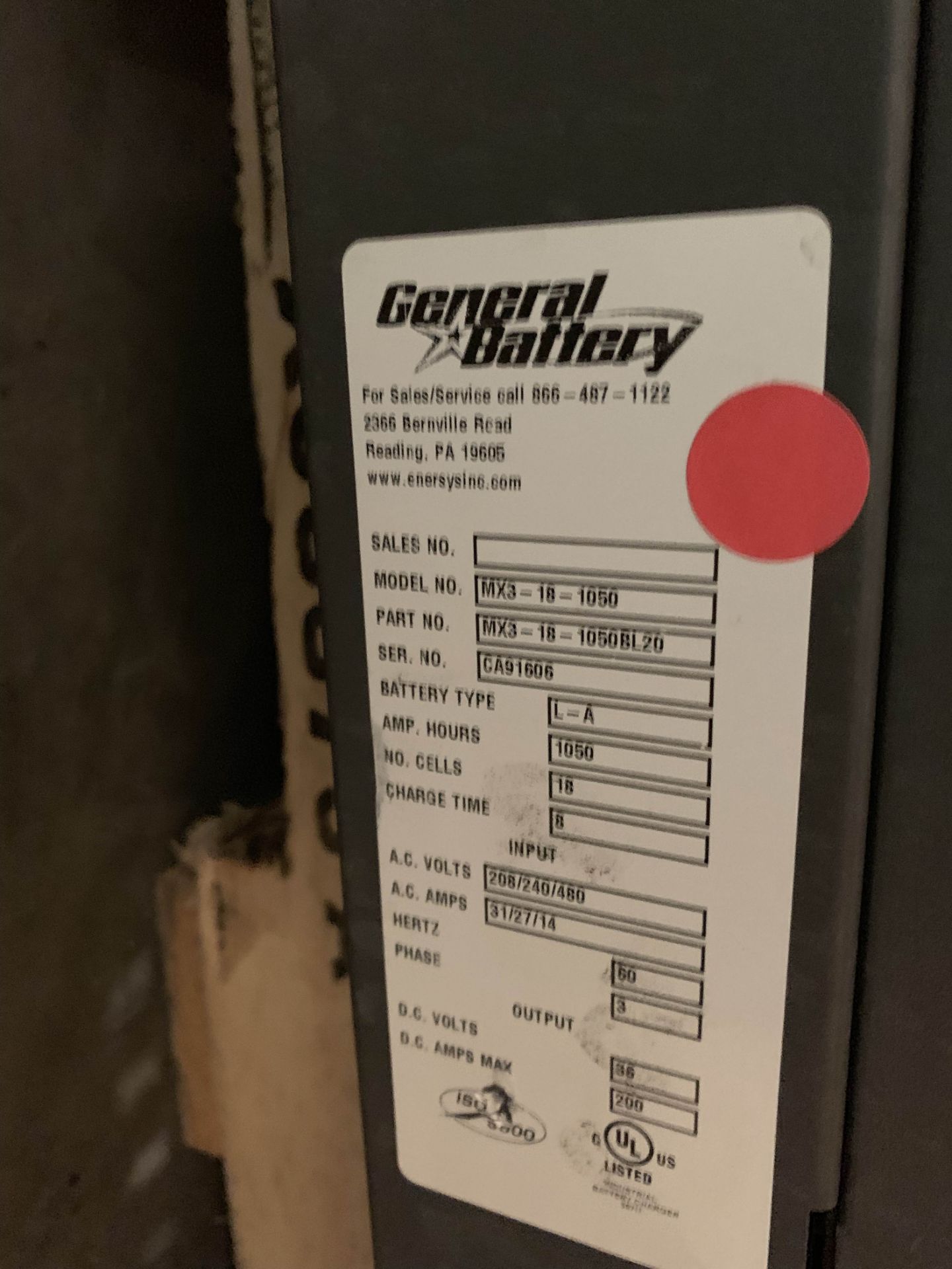 GENERAL BATTERY 36-VOLT BATTERY CHARGER, MODEL: MX3-18-1050, MISSING ELECTRICAL LEADS - Image 2 of 2