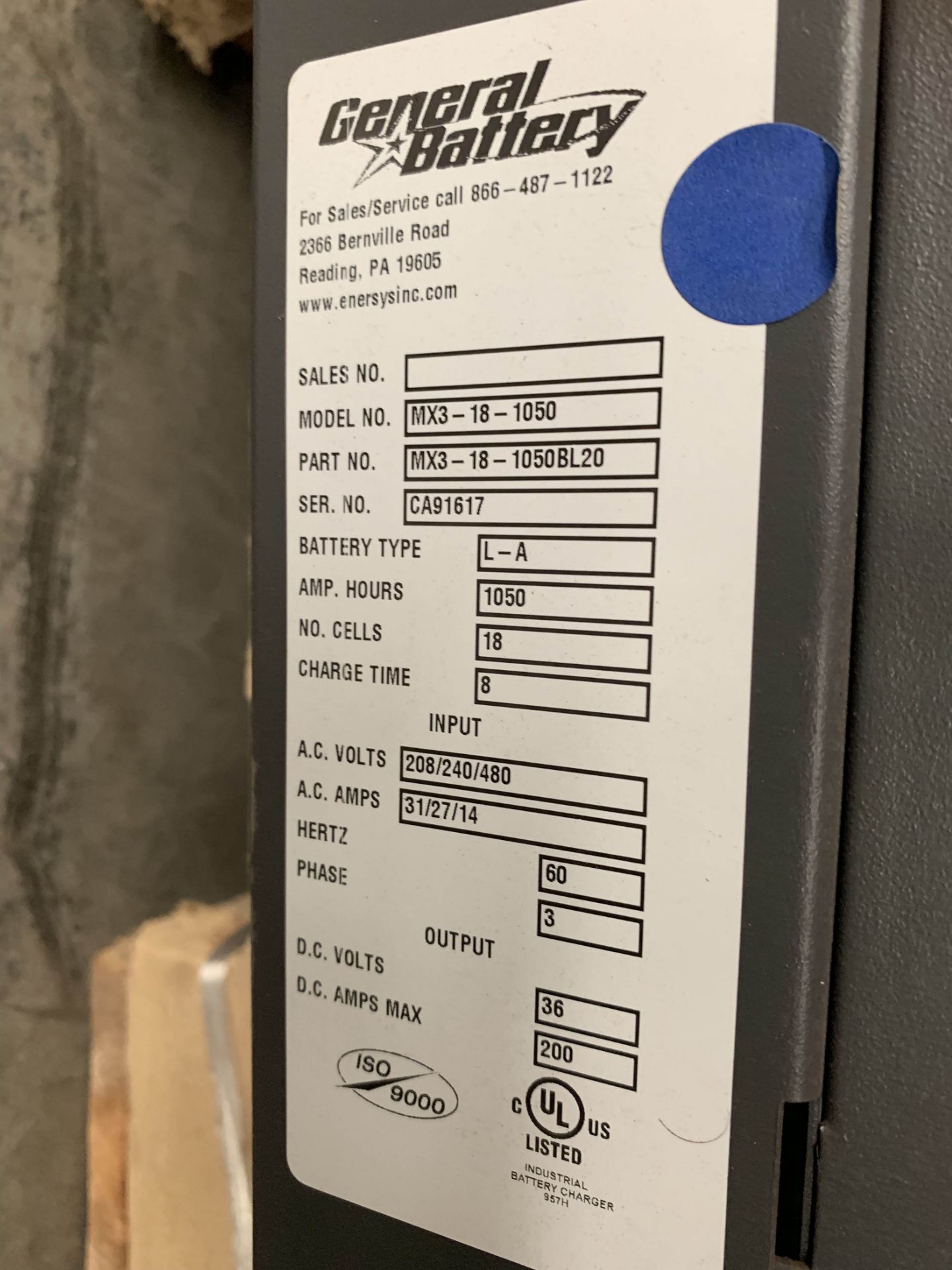 GENERAL BATTERY 36-VOLT BATTERY CHARGER, MODEL: MX3-18-1050, MISSING ELECTRICAL LEADS - Image 2 of 2