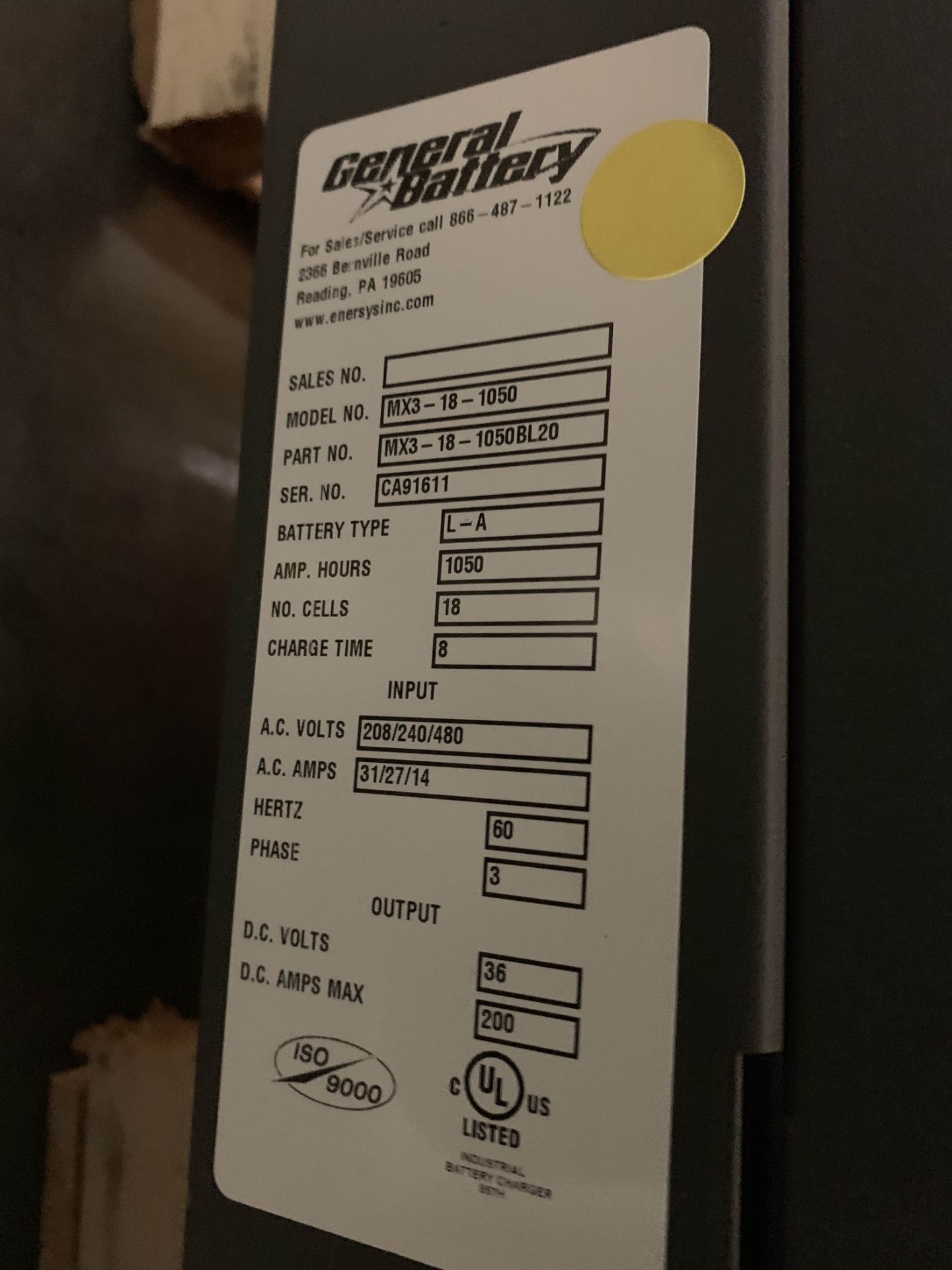 GENERAL BATTERY 36-VOLT BATTERY CHARGER, MODEL: MX3-18-1050, MISSING ELECTRICAL LEADS - Image 2 of 2