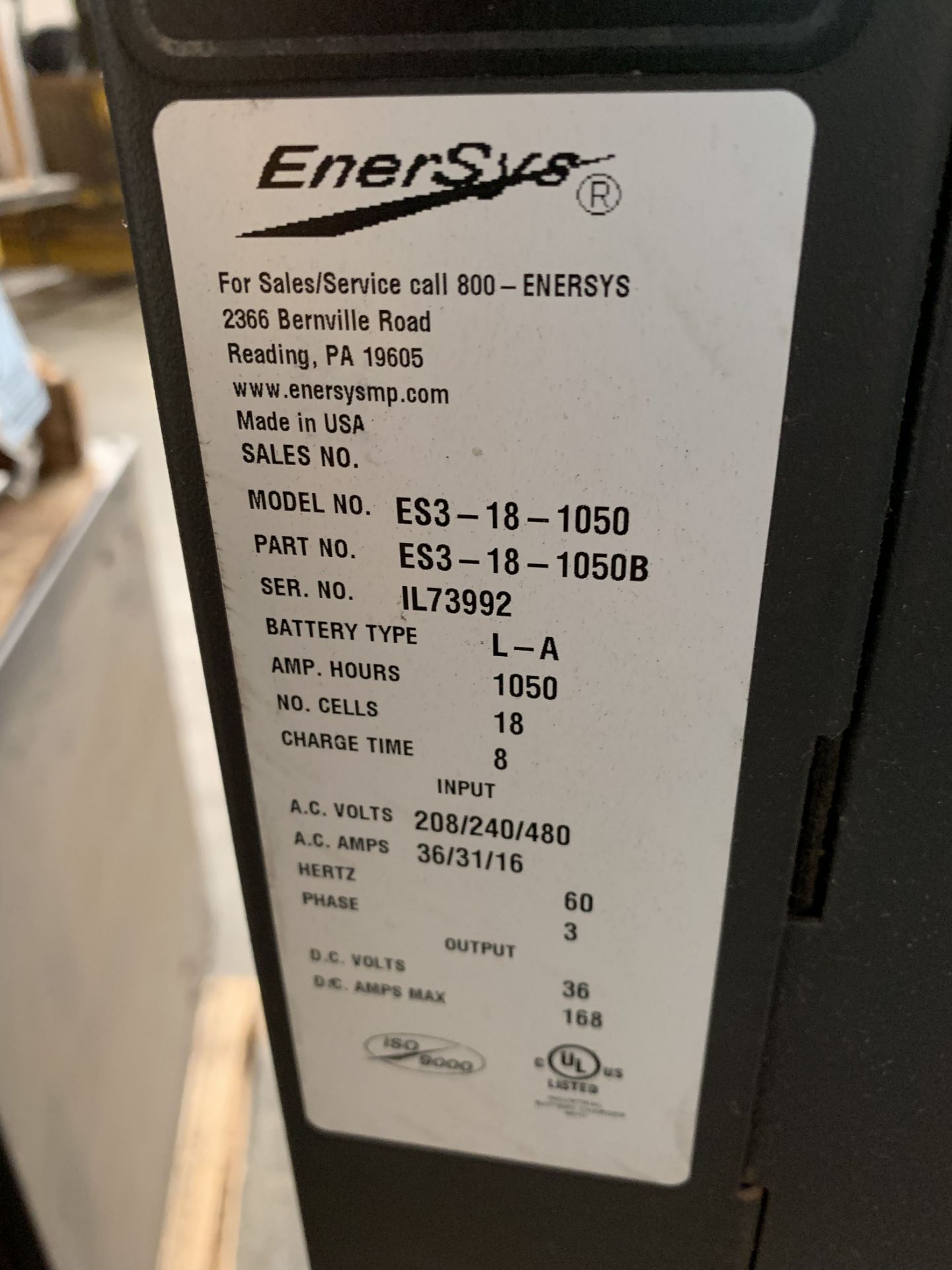 ENERSYS ENFORCER SCR 36-VOLT BATTERY CHARGER, MODEL: ES3-18-1050, MISSING ELECTRICAL LEADS - Image 2 of 2