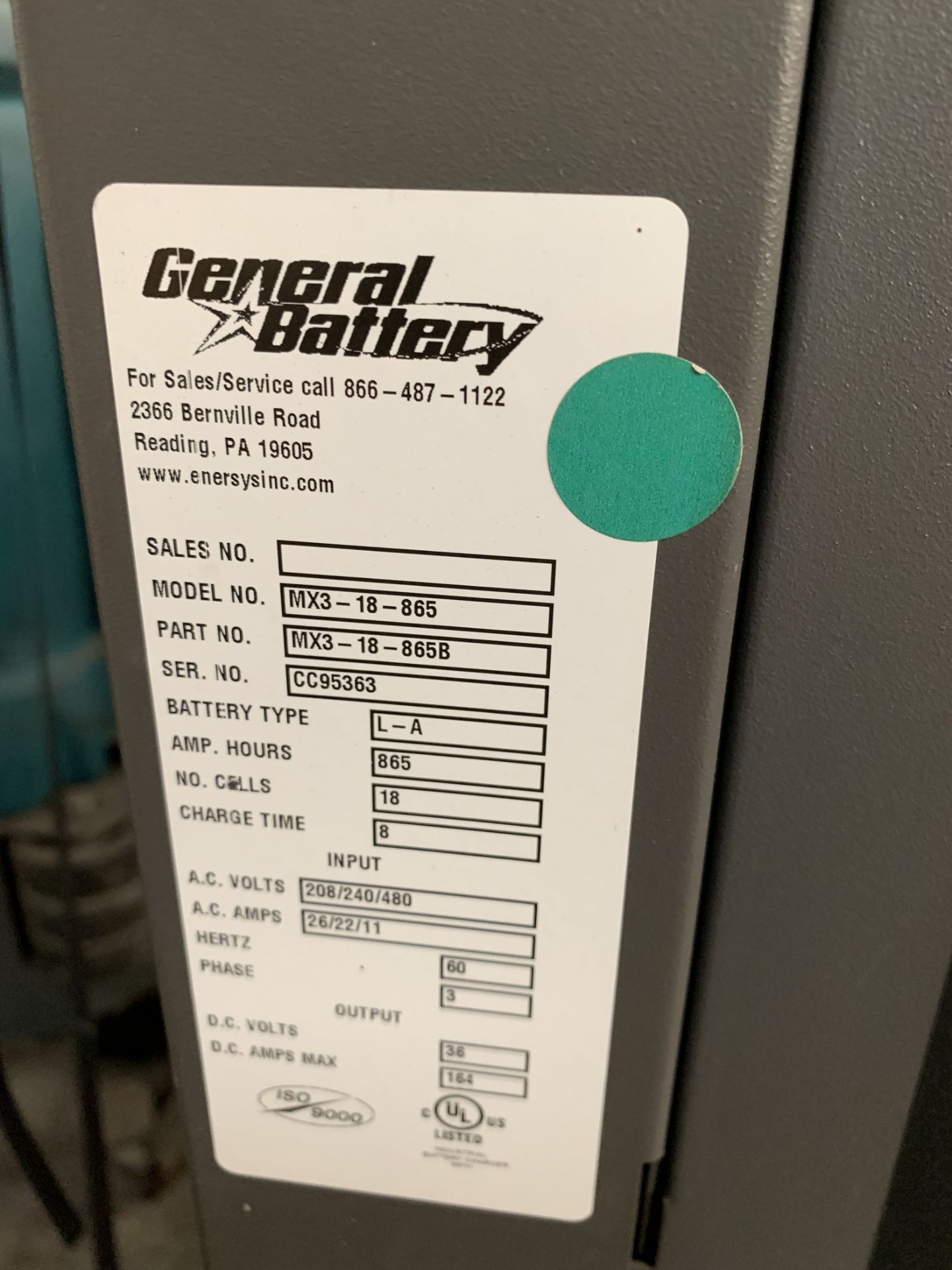 GENERAL BATTERY 36-VOLT BATTERY CHARGER, MODEL: MX3-18-865, MISSING ELECTRICAL LEADS - Image 2 of 2