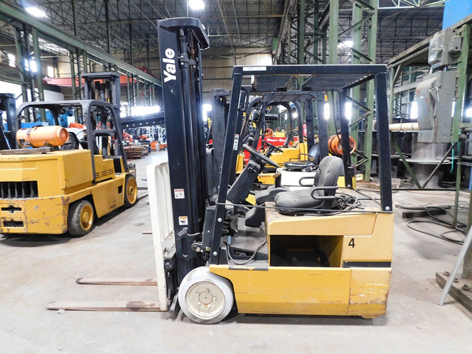 YALE 3,000 LB. ELECTRIC FORKLIFT; 3-STAGE MAST, 218'' LIFT HEIGHT, 42'' FORKS, SOLID TIRES, S/N