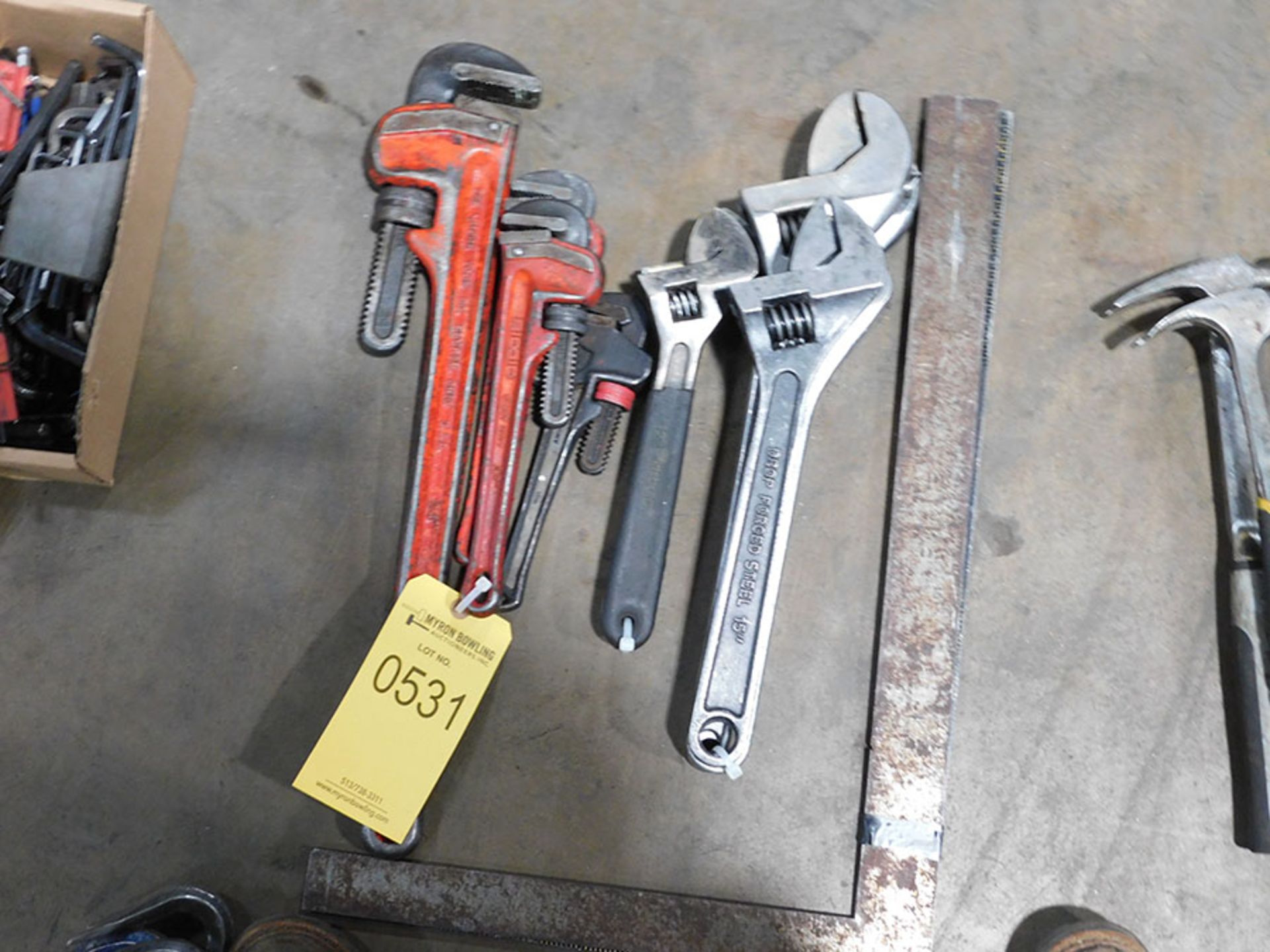 LOT OF PIPE WRENCHES, ADJUSTABLE WRENCHES, AND (2) FRAMING SQUARES