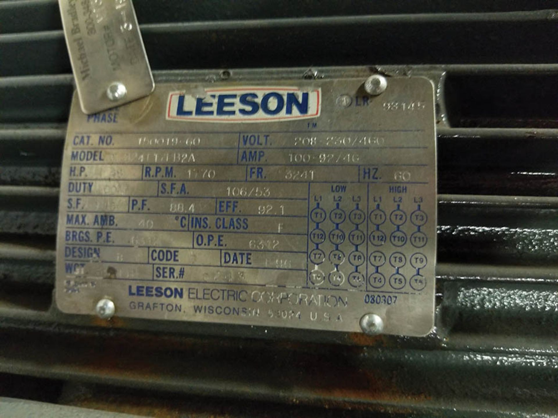 LEESON 40 HP ELECTRIC MOTOR; 1,770 RPM, 208-230/460V, 100-92/46 AMP - Image 3 of 5
