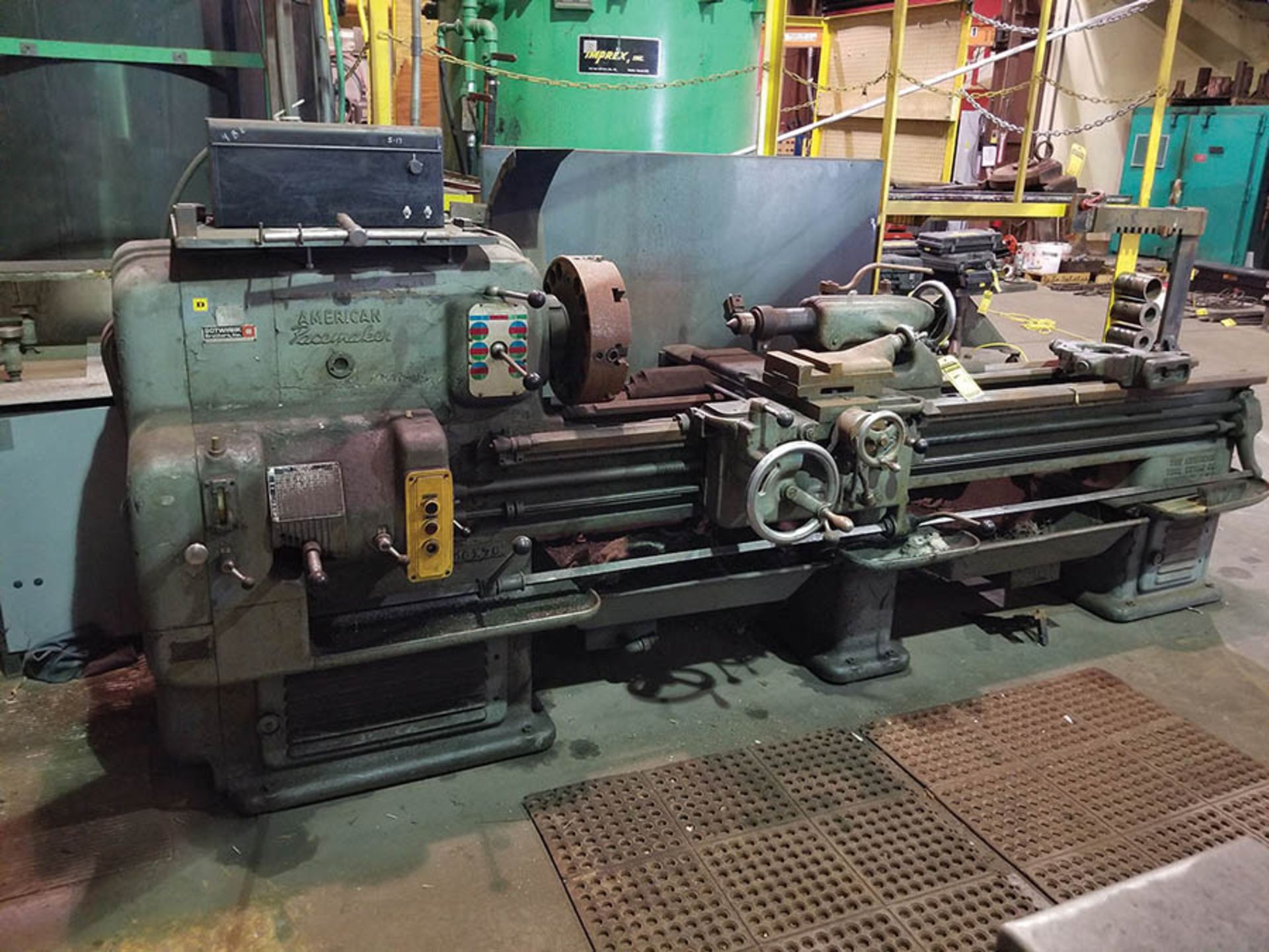 AMERICAN LATHE BED; 15" 4 JAW CHUCK, SLIDEWAY, CENTER SPINDLE TAILSTOCK, STEADY REST, WITH (2) METAL - Image 2 of 10