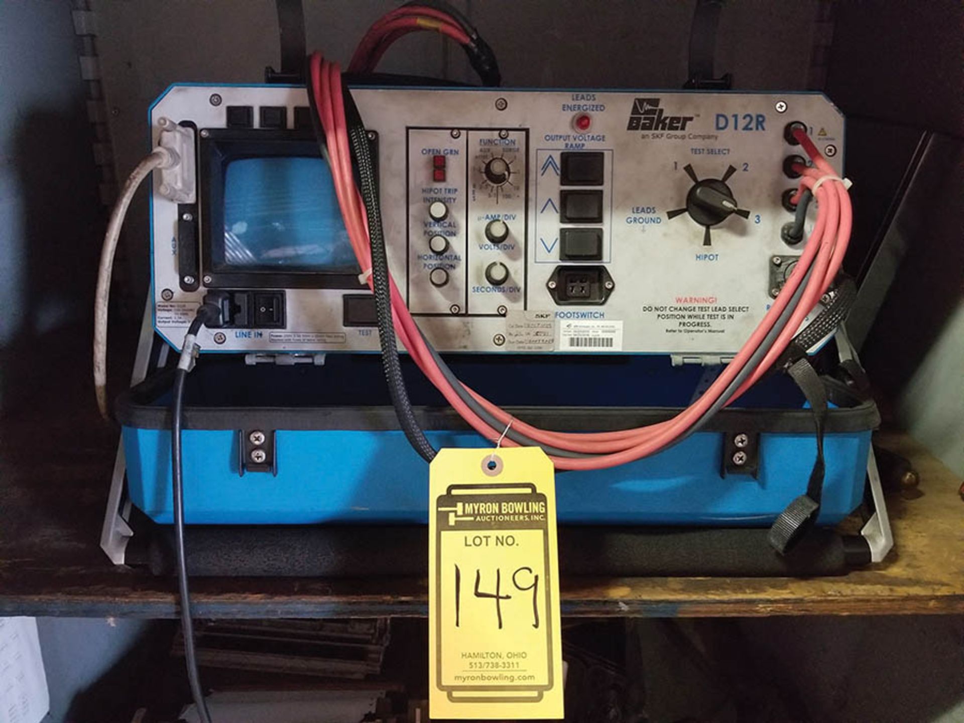 SKF BAKER D12R ELECTRICAL RESISTANCE TESTER, FOOTSWITCH, AND READ OUT SCREEN IN CABINET WITH TEST