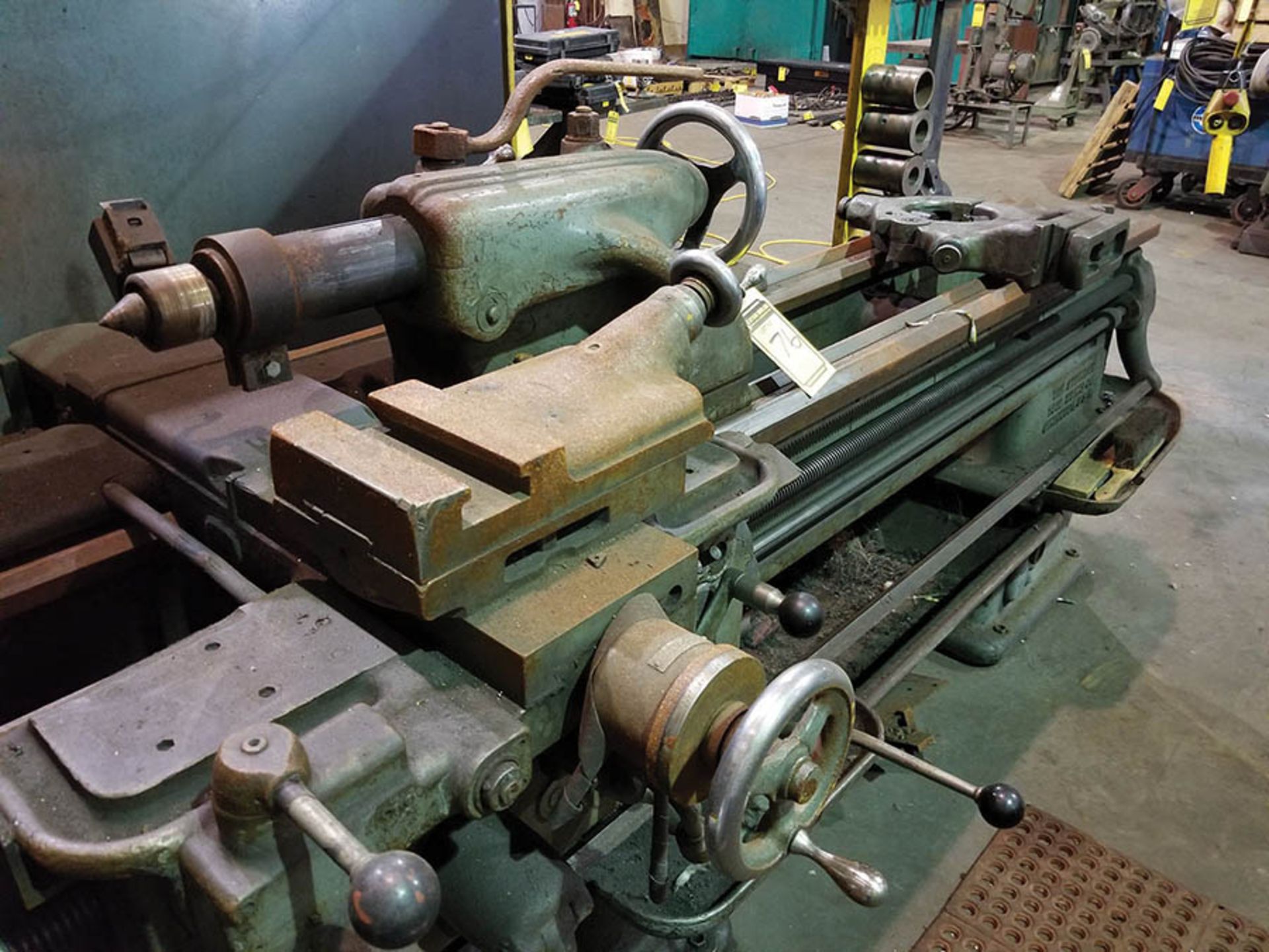 AMERICAN LATHE BED; 15" 4 JAW CHUCK, SLIDEWAY, CENTER SPINDLE TAILSTOCK, STEADY REST, WITH (2) METAL - Image 5 of 10