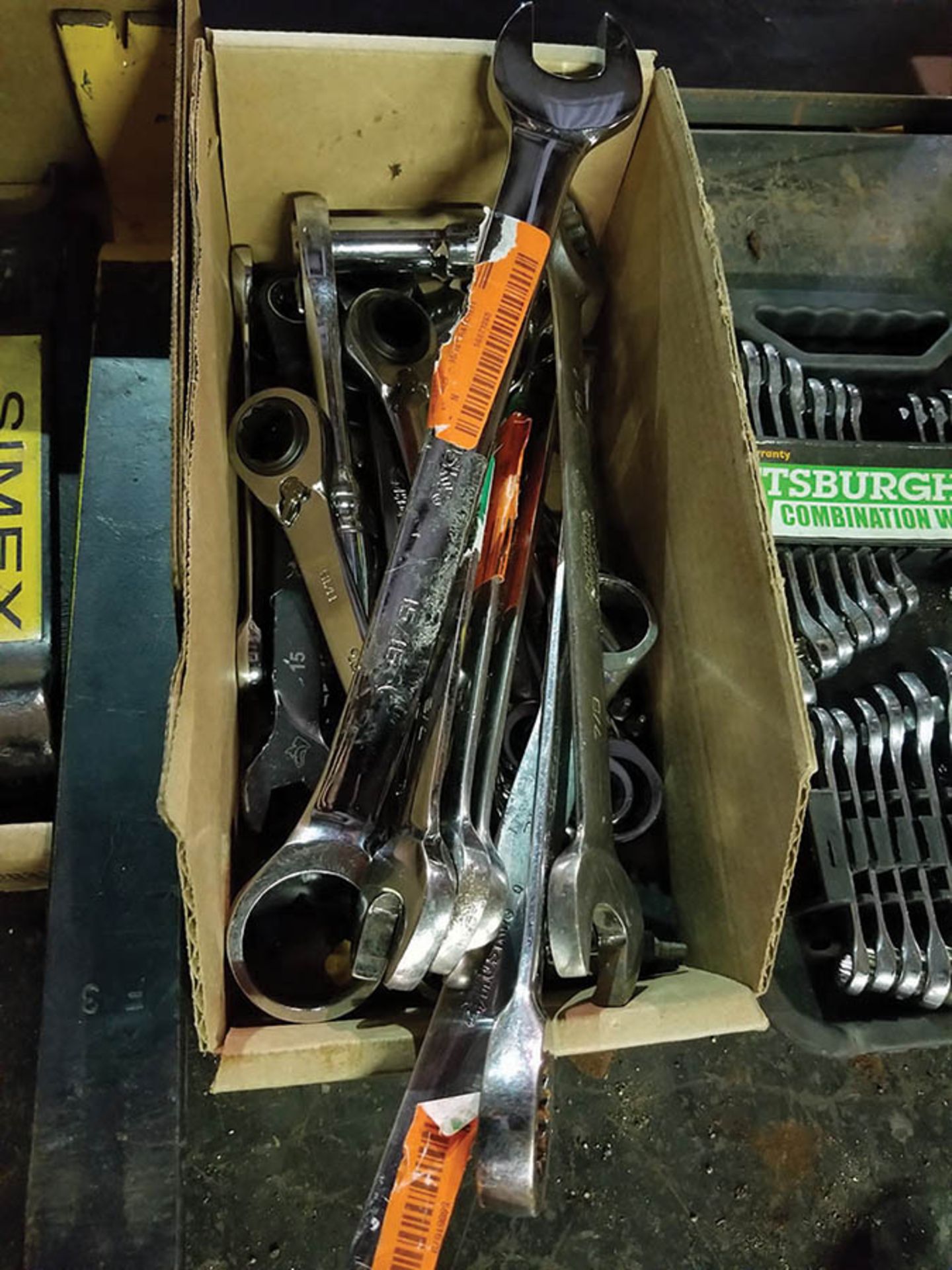 PITTSBURGH 32 PC. COMBINATION WRENCH SET, BOX OF ASSORTED SOCKETS, RATCHET WRENCHES, RATCHET DRIVES,