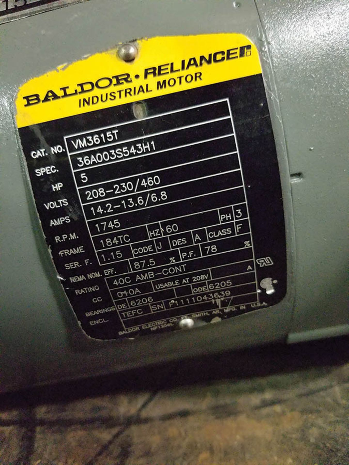 (3) ELECTRIC MOTORS; BALDOR 5 HPS, 1,725 & 1,745 RPMS - Image 2 of 4