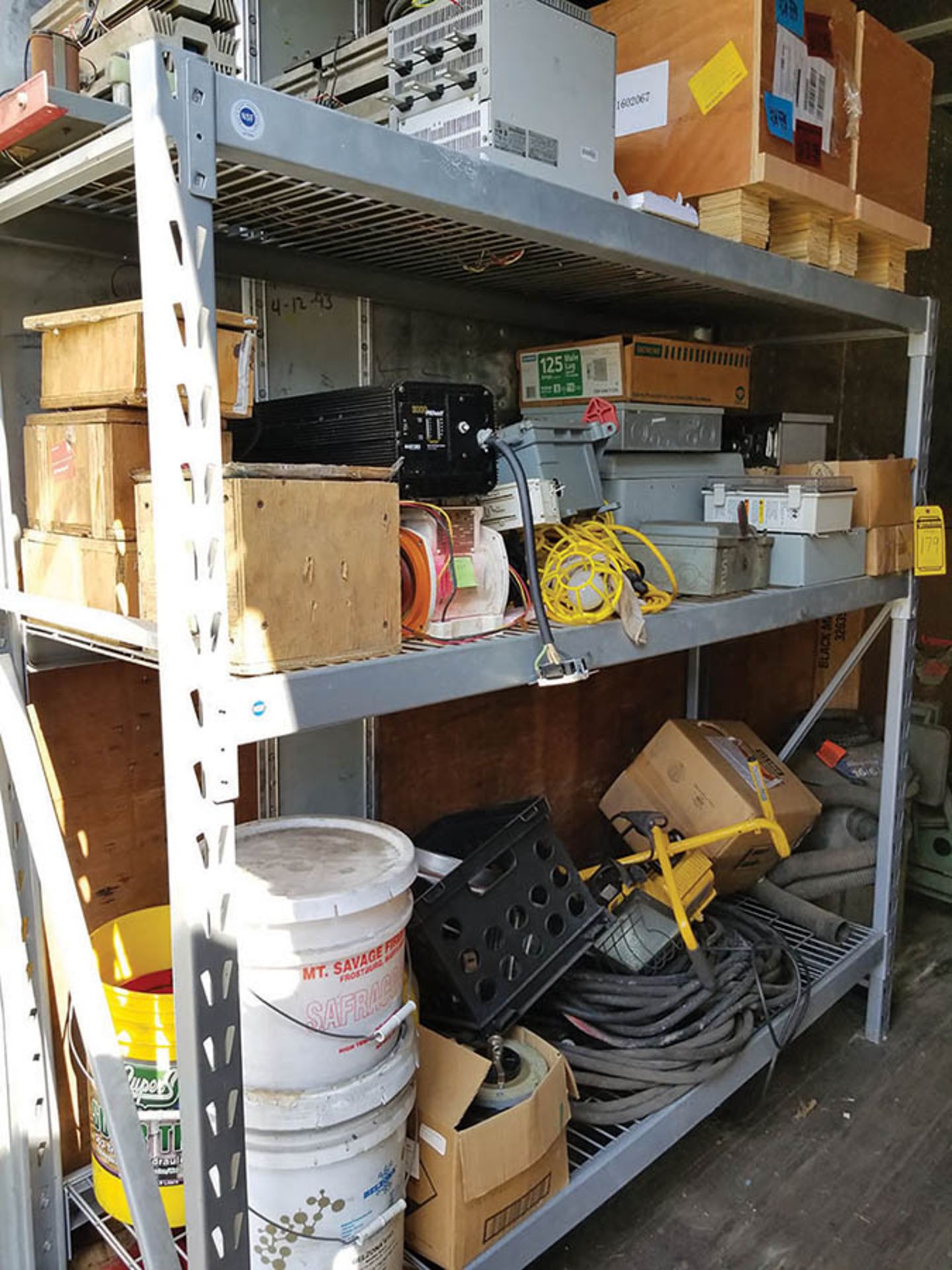 CONTENTS OF FRONT OF CONTAINER INCLUDING SHELVING, ELECTRICAL BOXES, LIGHTING EQUIPMENT, AND MISC. - Image 4 of 11