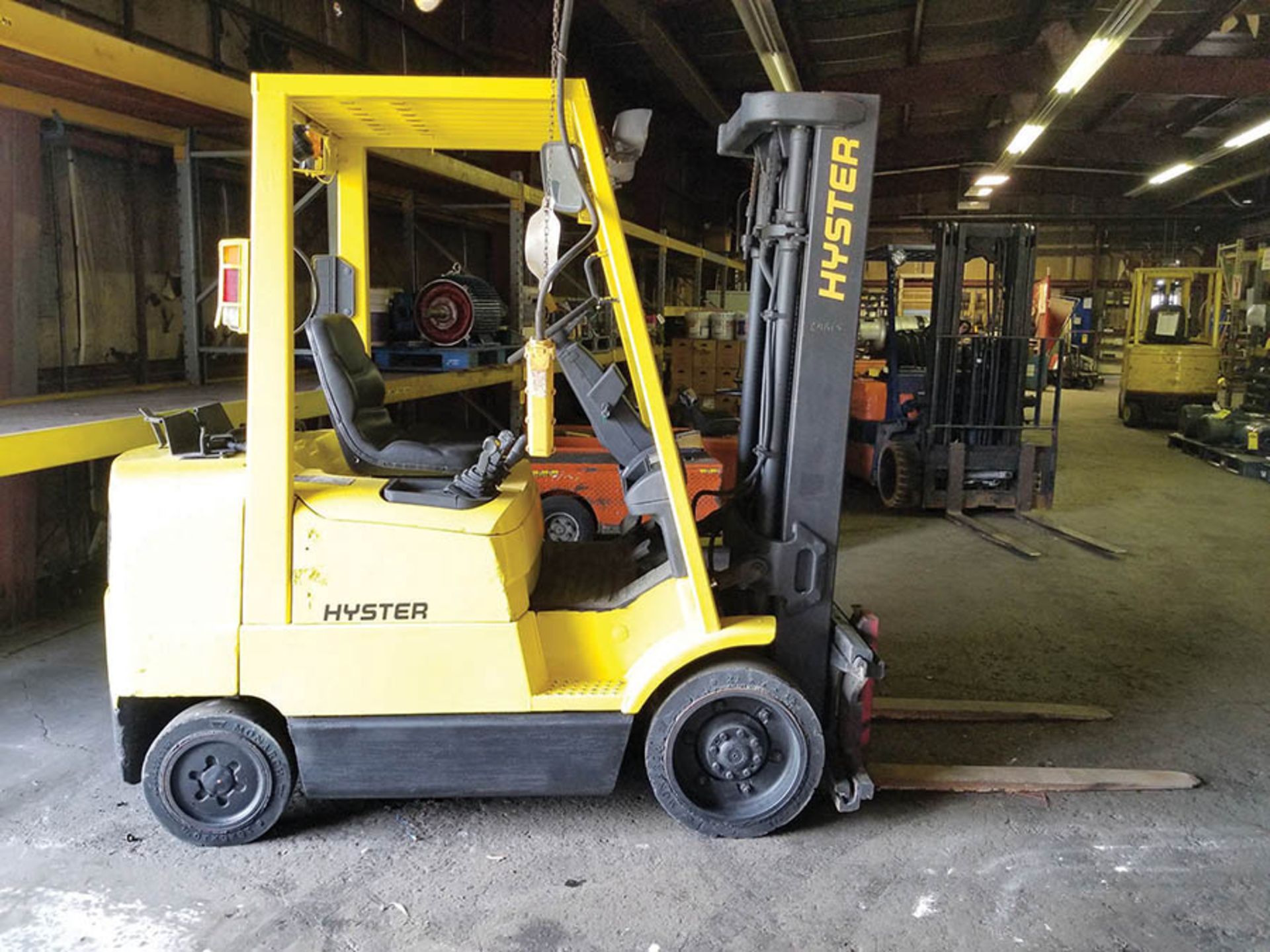 HYSTER S50XM 5,000 LB. LP FORKLIFT; 19,637 HRS., 3 STAGE MAST, SIDESHIFT, 42" FORKS, SOLID TIRES