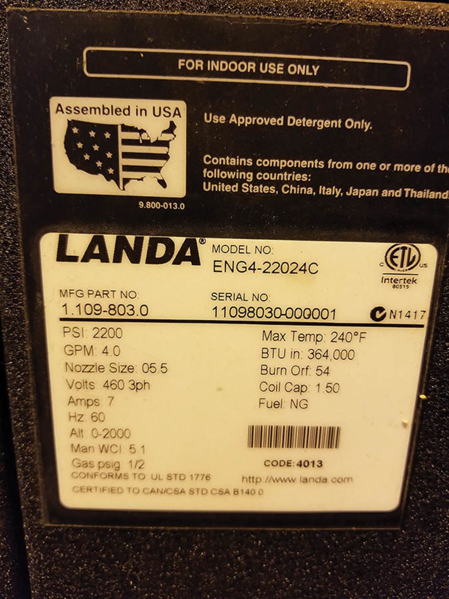 LANDA FURNACE HEATER; NATURAL GAS, MODEL ENG4-22024C, 364,000 BTU, 240° MAX, 2,200 PSI, S/N - Image 5 of 5