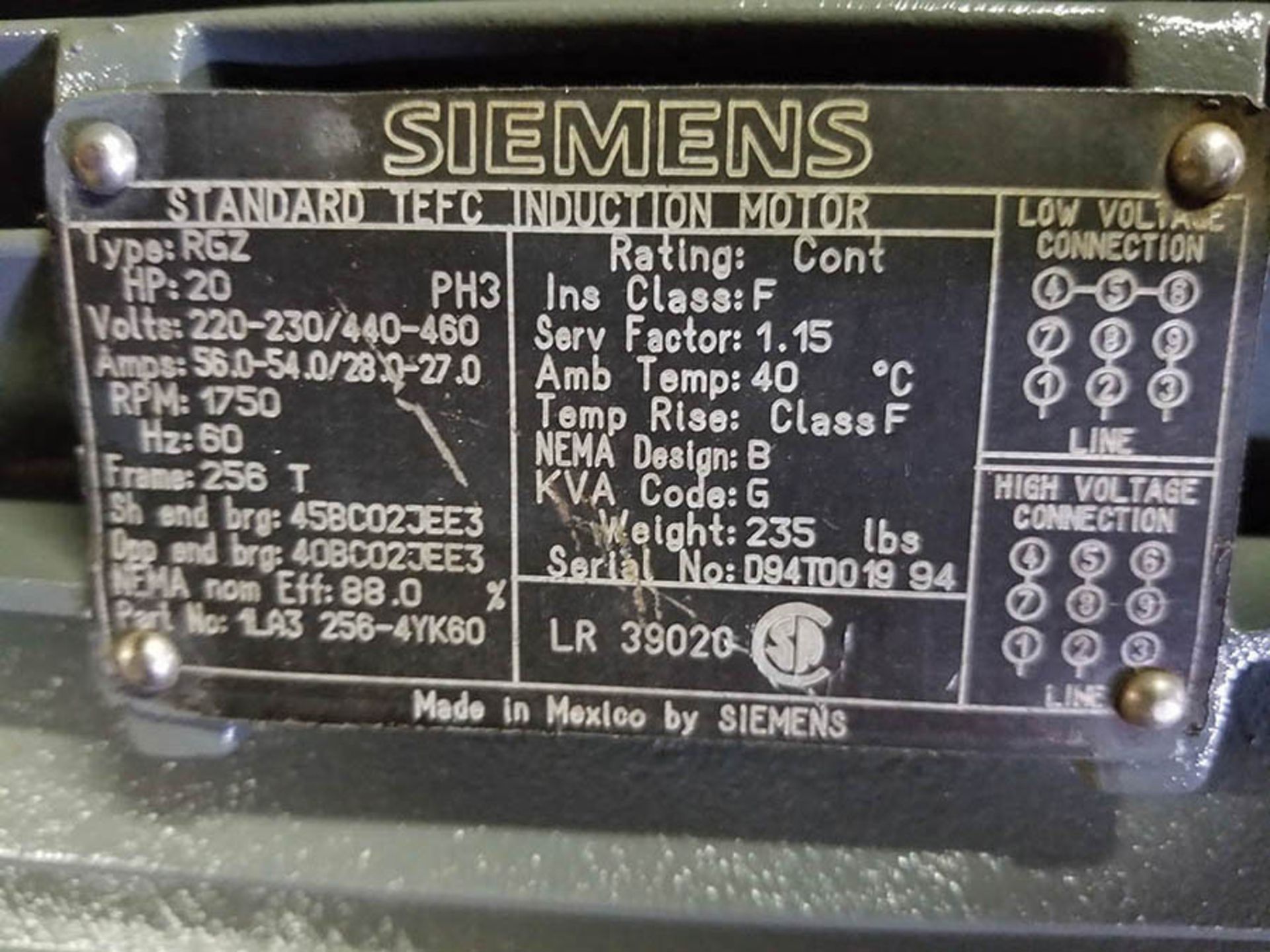 SIEMENS 20 HP ELECTRIC MOTOR; 1,750 RPM, 220-230/440-460V, 56-54/28-27 AMP, 3 PH, 60 HZ - Image 5 of 6