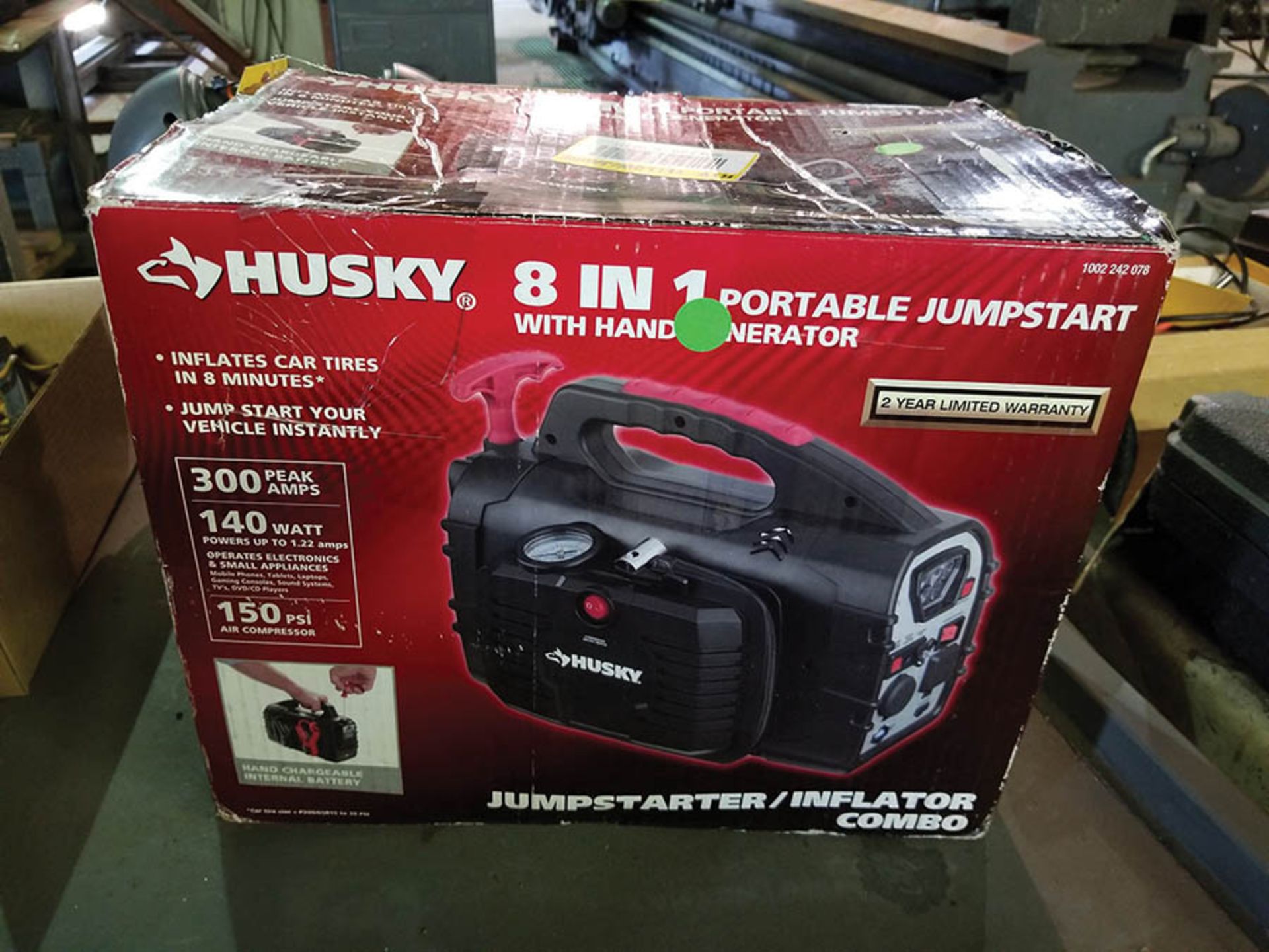 HUSKY 8 IN 1 PORTABLE JUMPSTART/INFLATOR COMBO WITH HAND GENERATOR,  300 PEAK AMPS, 140 WATT UP TO