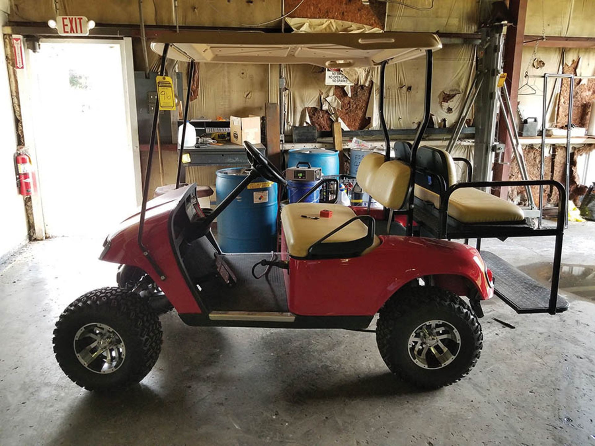 EZ-GO ELECTRIC GOLF CART; 48V WITH CHARGER, 4 PASSENGER, FOLD DOWN SEAT, LIFT KIT, HEADLIGHTS, BRAKE