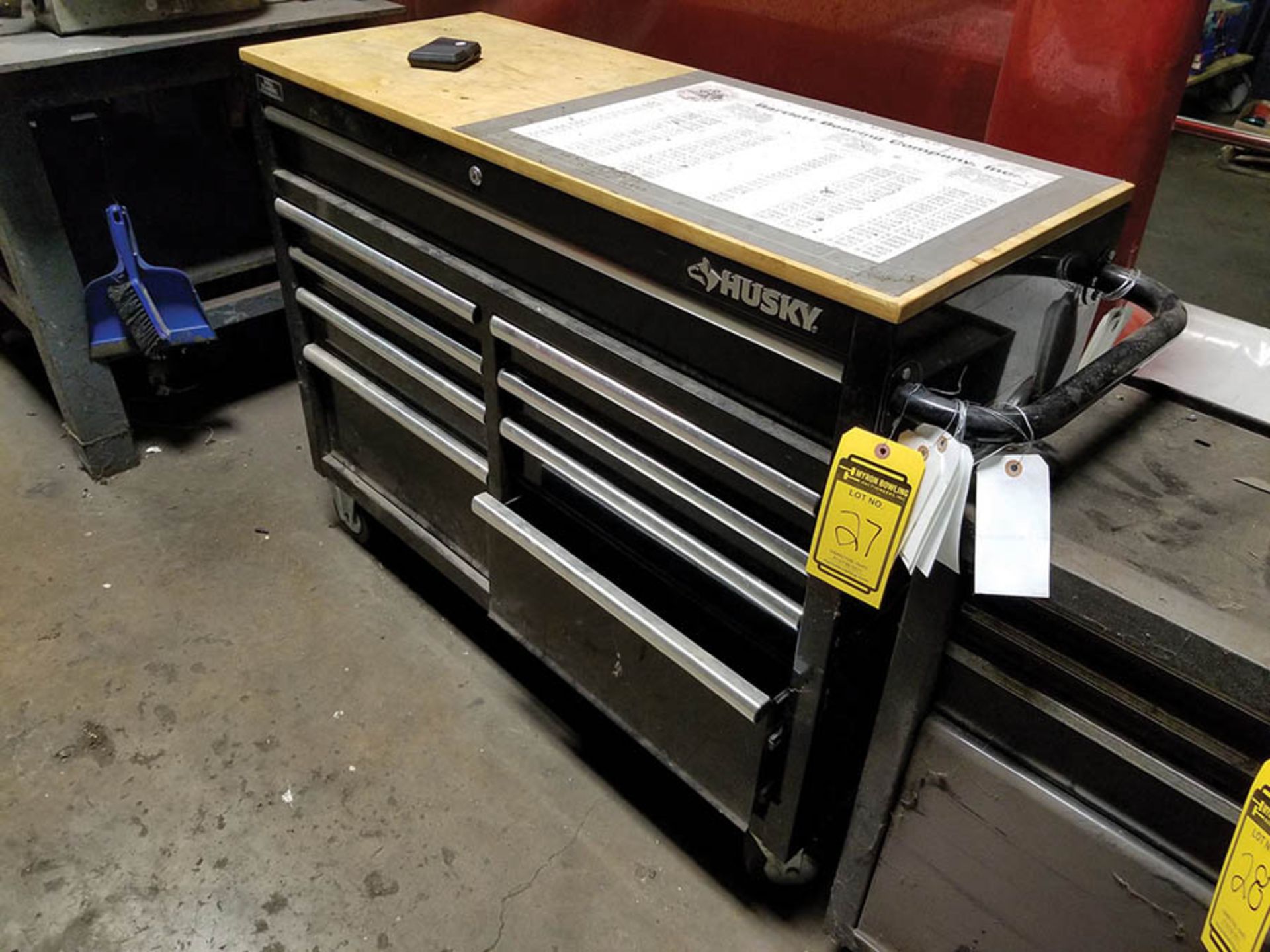 HUSKY 9 DRAWER ROLLING WORK BENCH TOOL CABINETS WITH TOOLS; HAMMERS, SCREWDRIVERS, WRENCHES, GLOVES, - Image 2 of 8