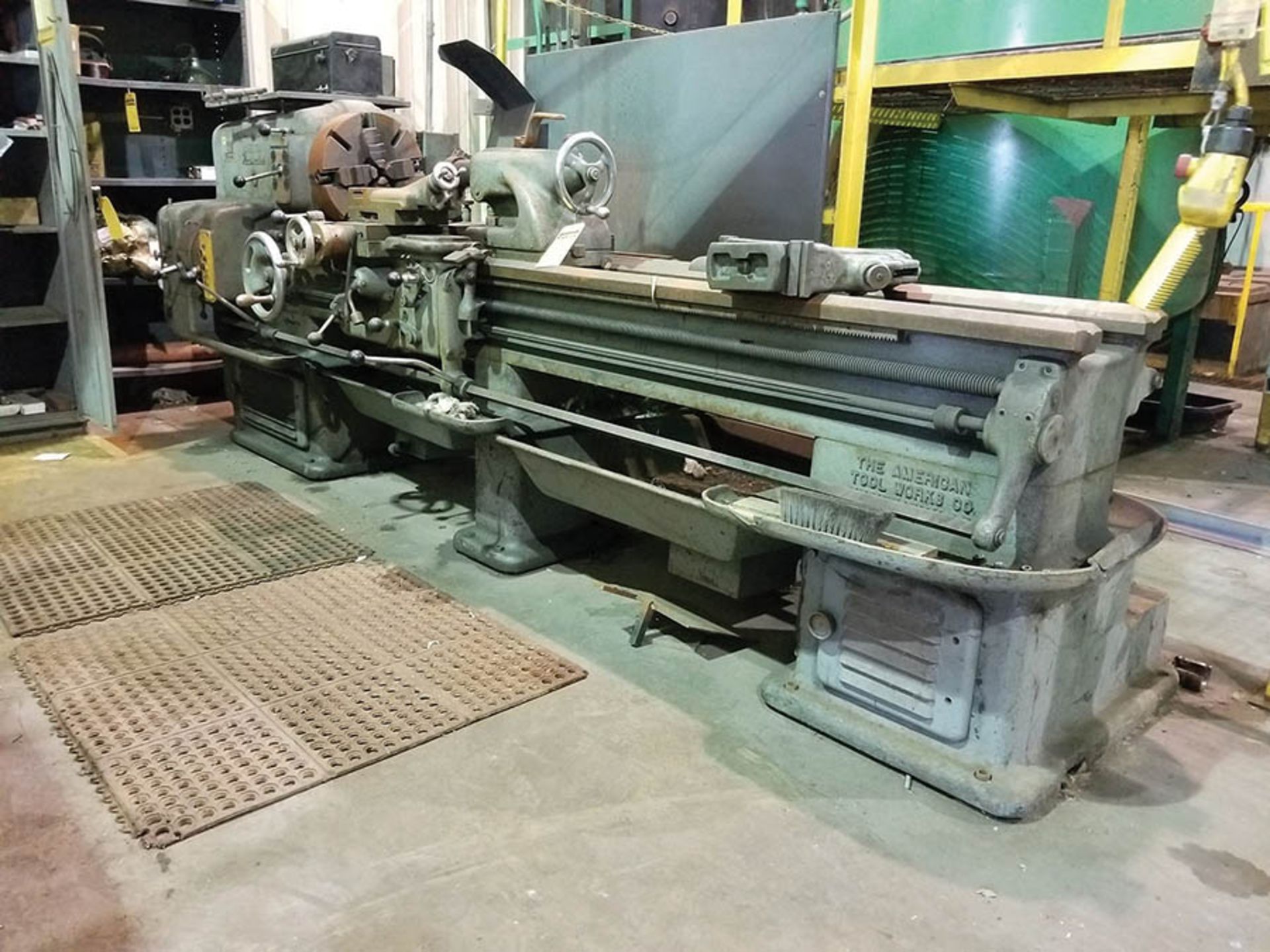 AMERICAN LATHE BED; 15" 4 JAW CHUCK, SLIDEWAY, CENTER SPINDLE TAILSTOCK, STEADY REST, WITH (2) METAL