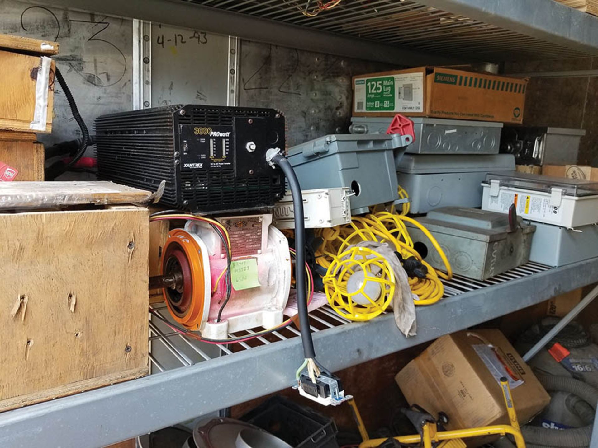 CONTENTS OF FRONT OF CONTAINER INCLUDING SHELVING, ELECTRICAL BOXES, LIGHTING EQUIPMENT, AND MISC. - Image 6 of 11