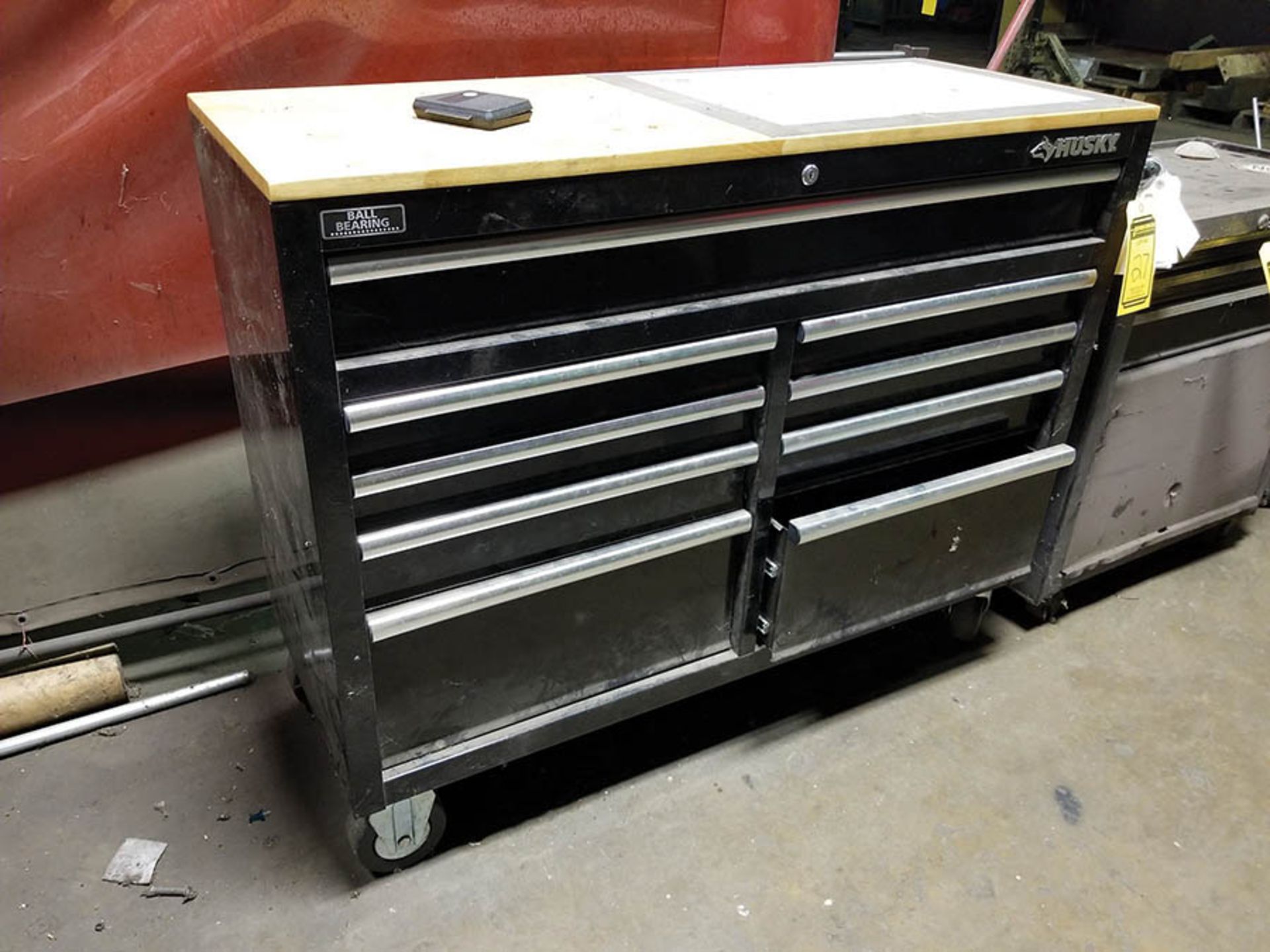 HUSKY 9 DRAWER ROLLING WORK BENCH TOOL CABINETS WITH TOOLS; HAMMERS, SCREWDRIVERS, WRENCHES, GLOVES,