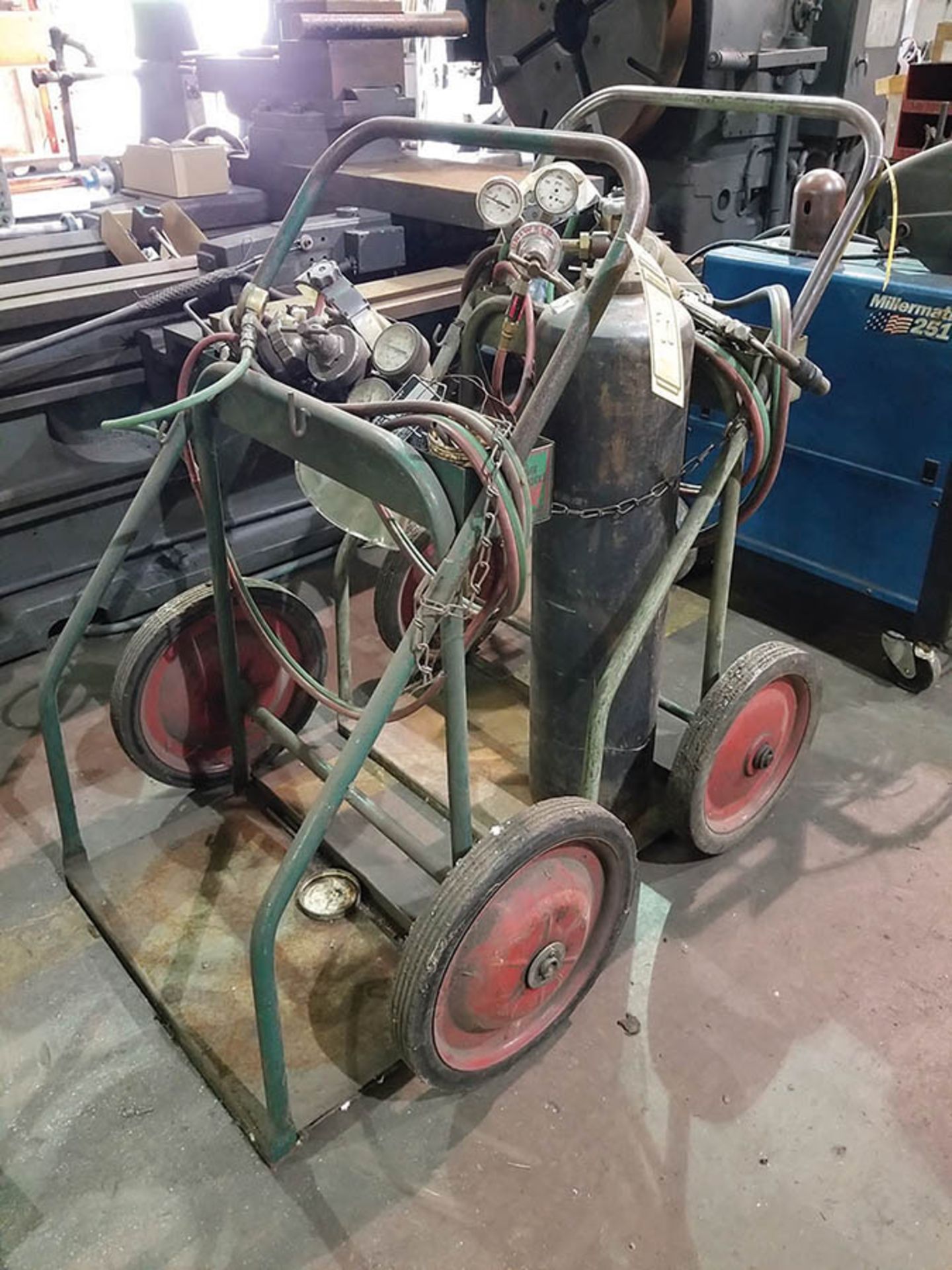 (2) ACETYLENE TORCH CARTS, TWIN LINE HOSE, TORCH HEADS & GAUGES, AND (2) SHIELDS