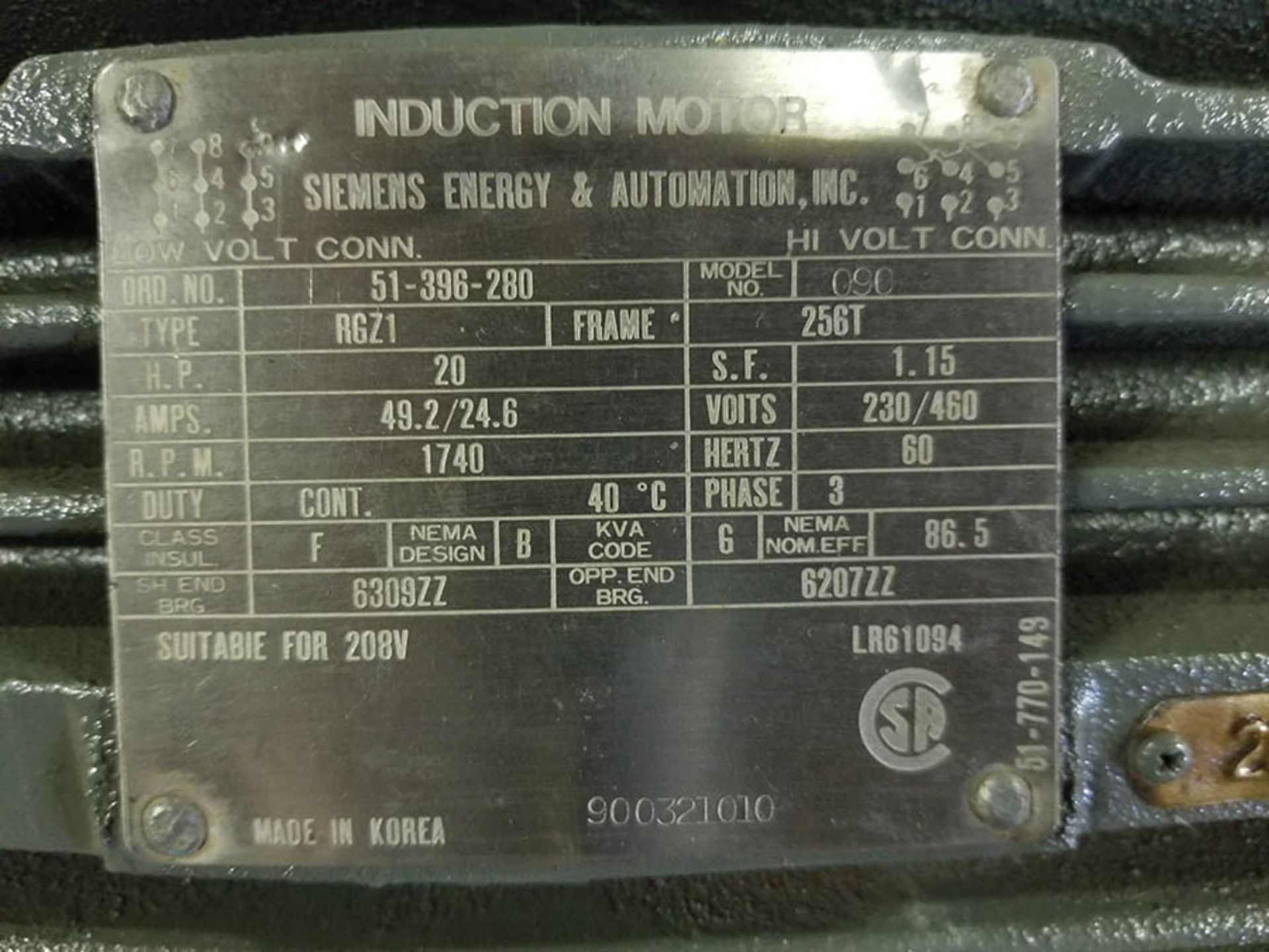 SIEMENS 20 HP ELECTRIC MOTOR; 1,740 RPM, 239/460V, 49.2/24.6 AMP, 60 HZ, 3 PH